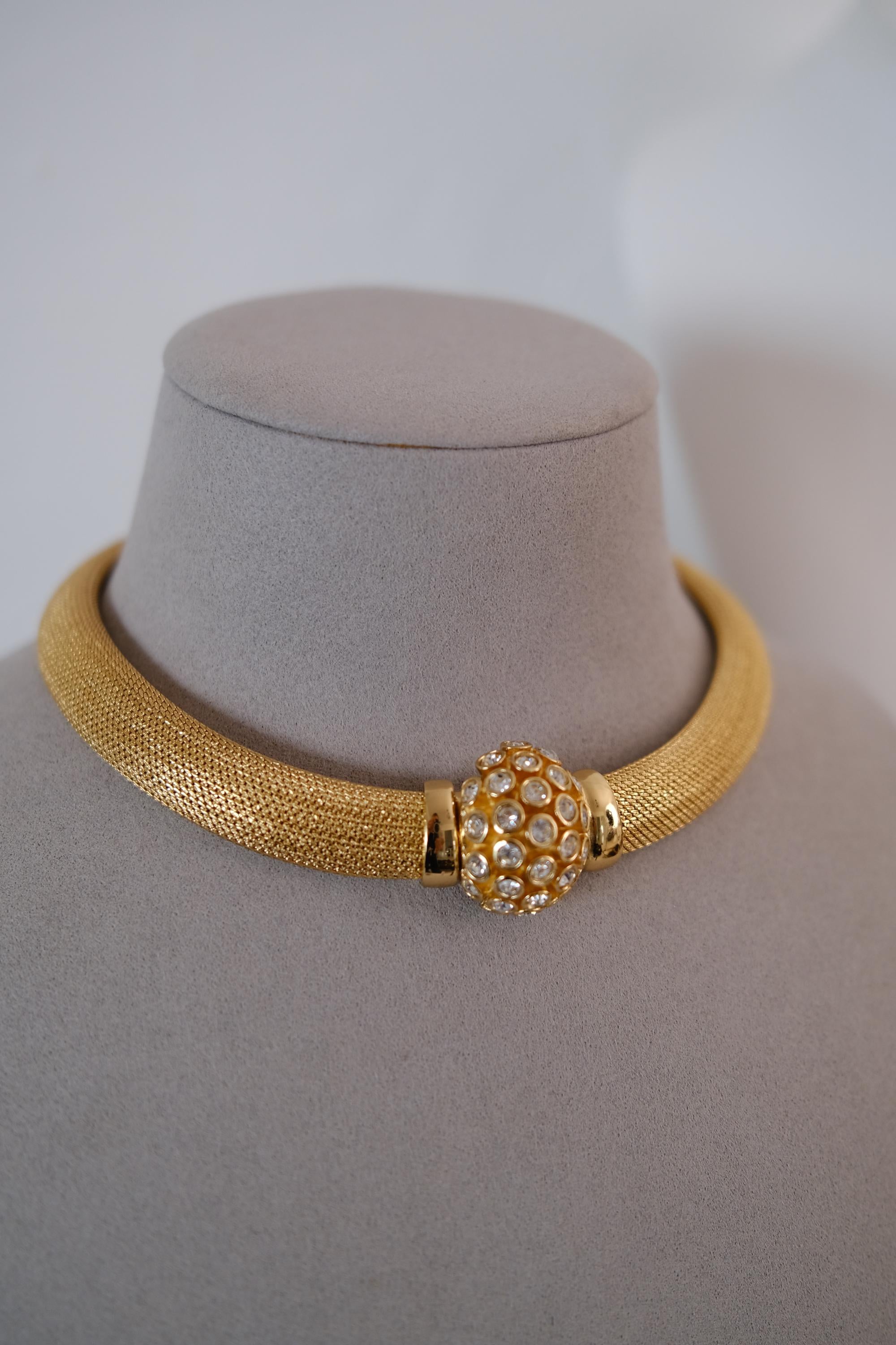 Vintage Christian Dior gold-tone collar choker necklace with crystal-set domed front clasp