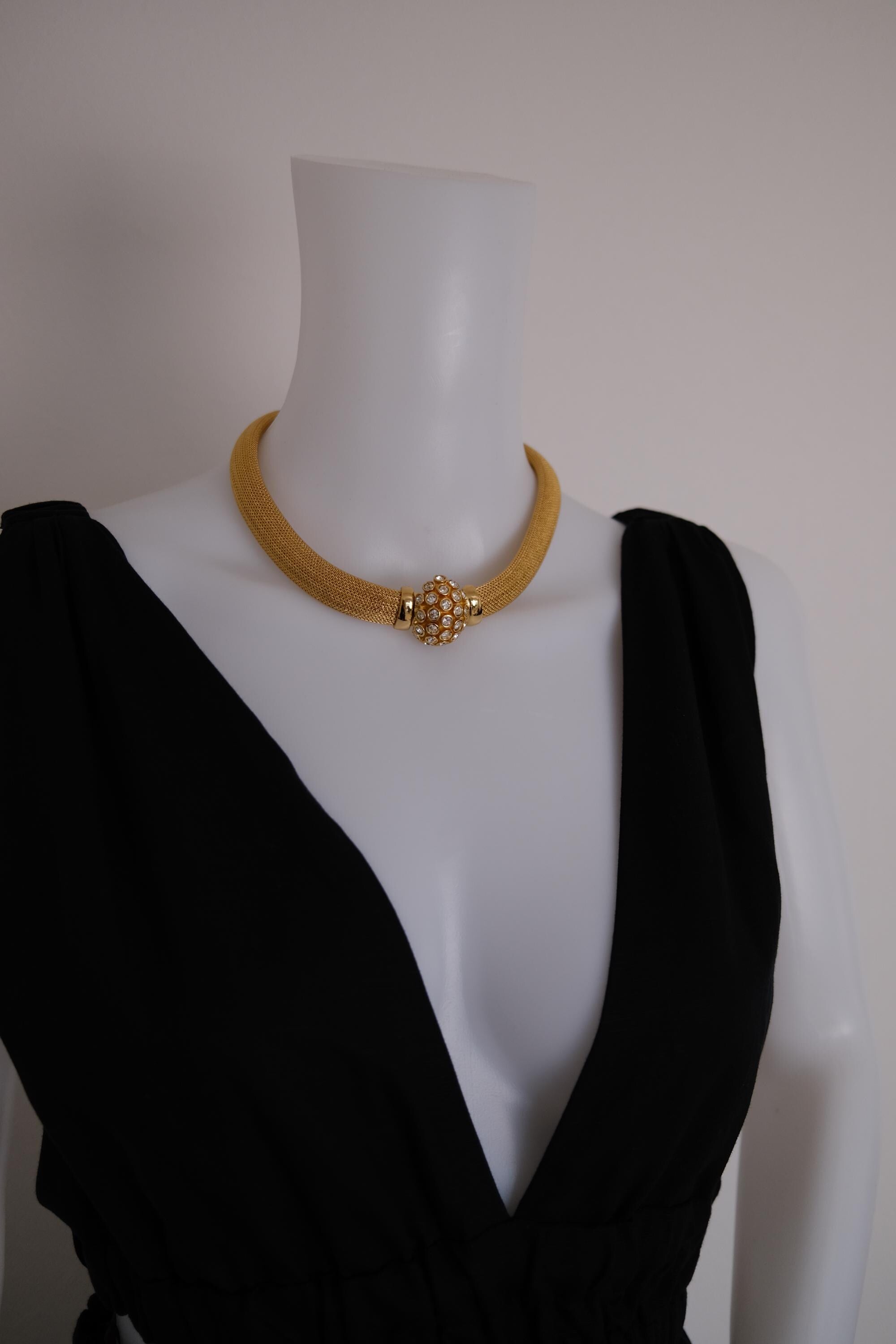 Vintage Christian Dior gold-tone collar choker necklace with crystal-set domed front clasp