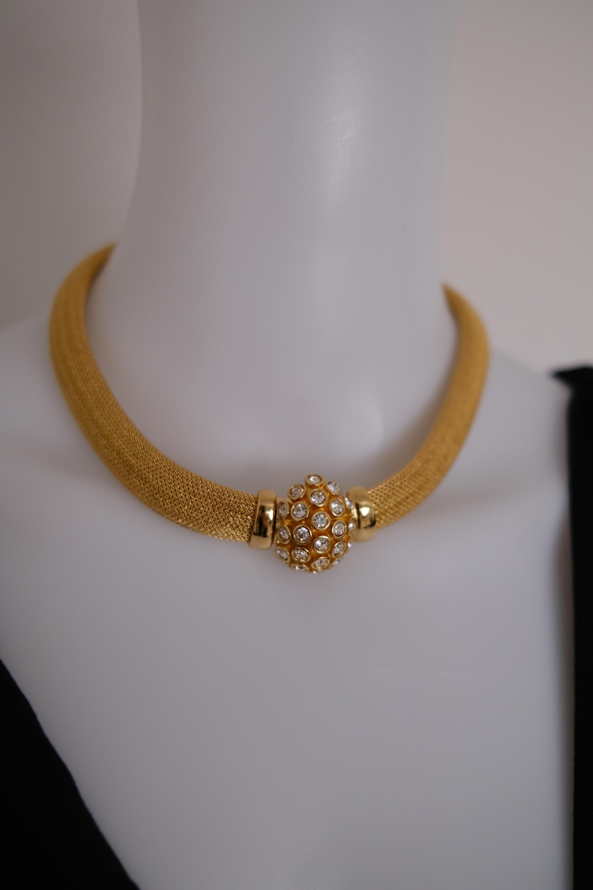 Vintage Christian Dior gold-tone collar choker necklace with crystal-set domed front clasp