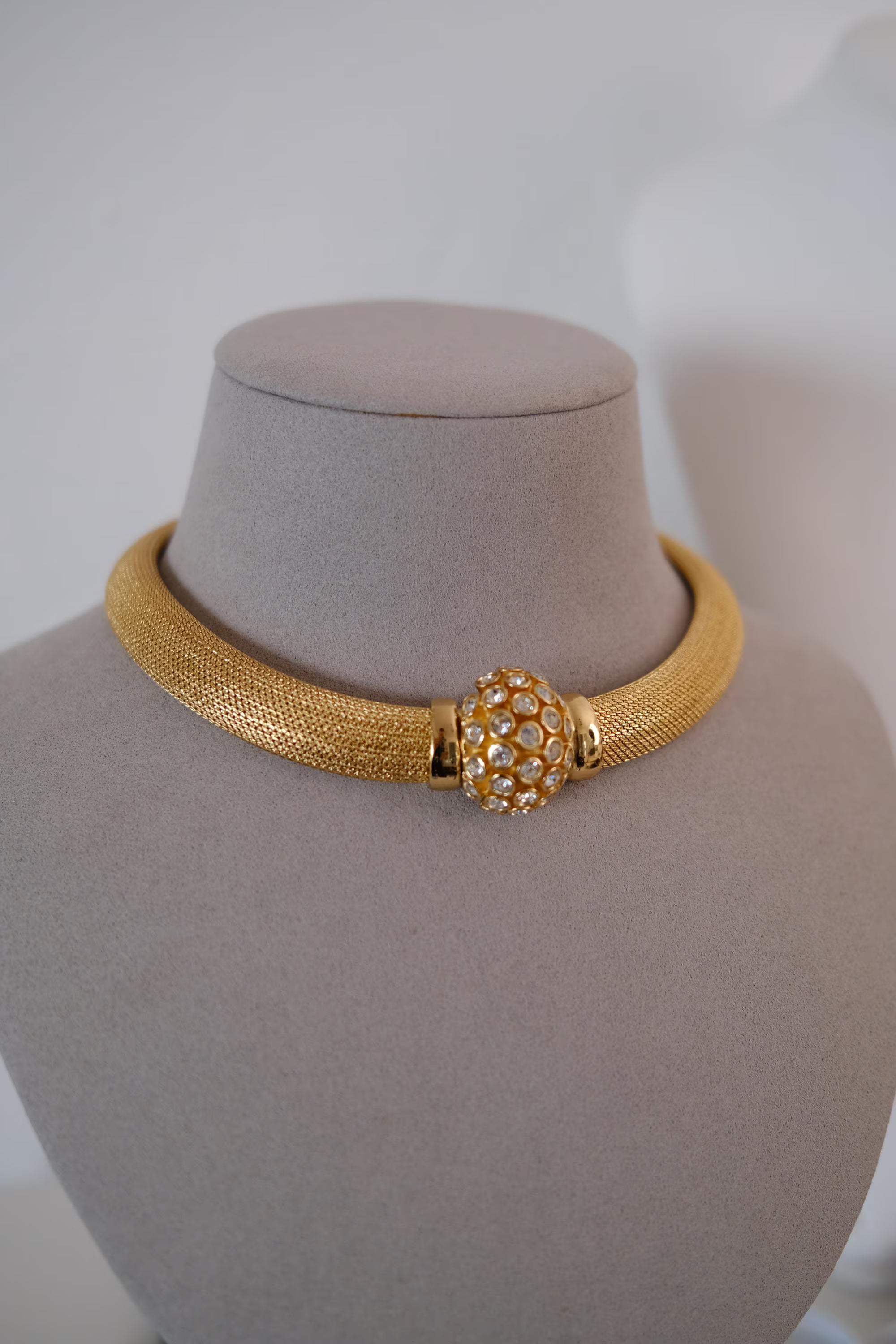 Vintage Christian Dior gold-tone collar choker necklace with crystal-set domed front clasp
