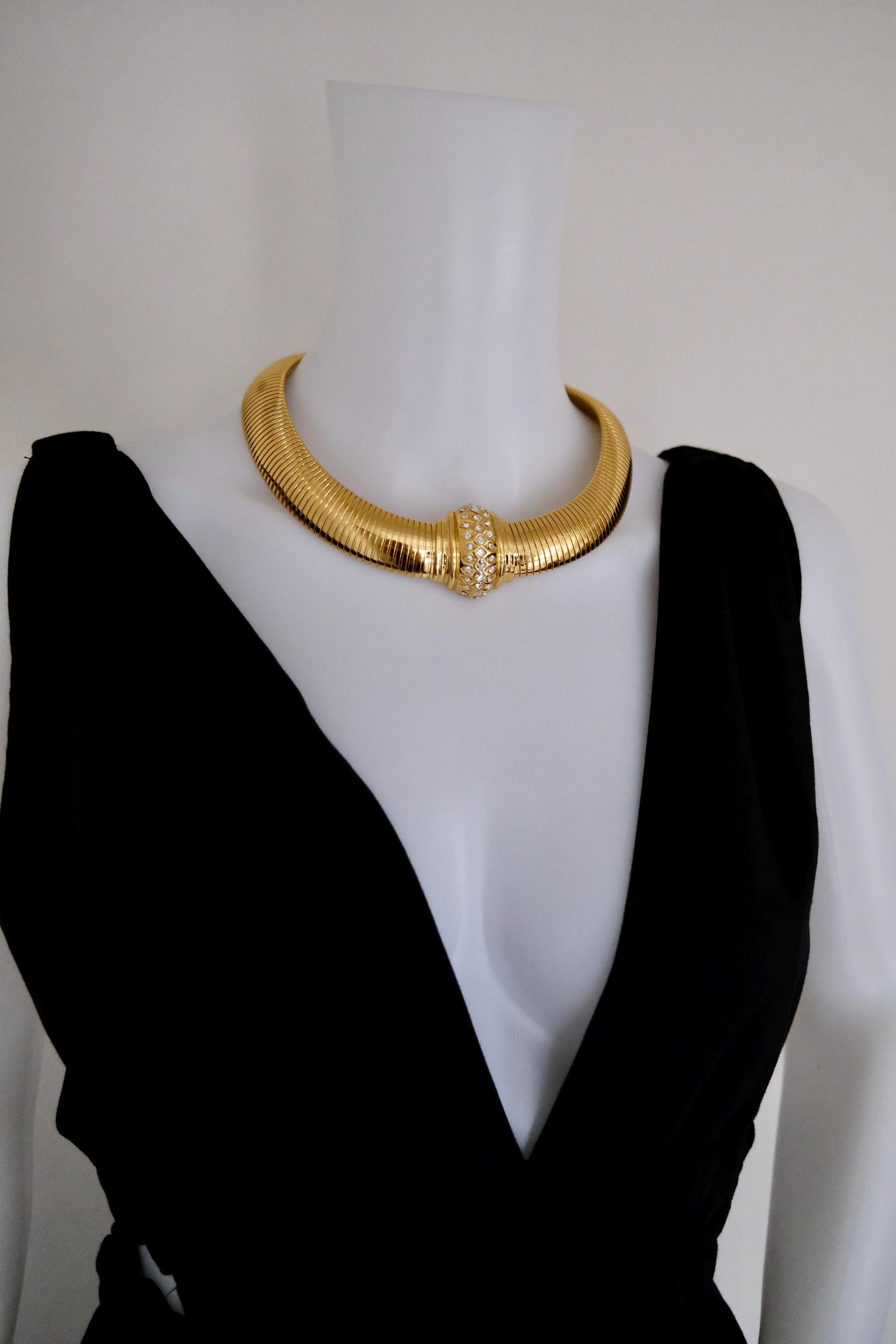 Vintage Christian Dior gold-tone Tubogas-style choker necklace with crystal centerpiece, signed Chr. Dior and made in Germany