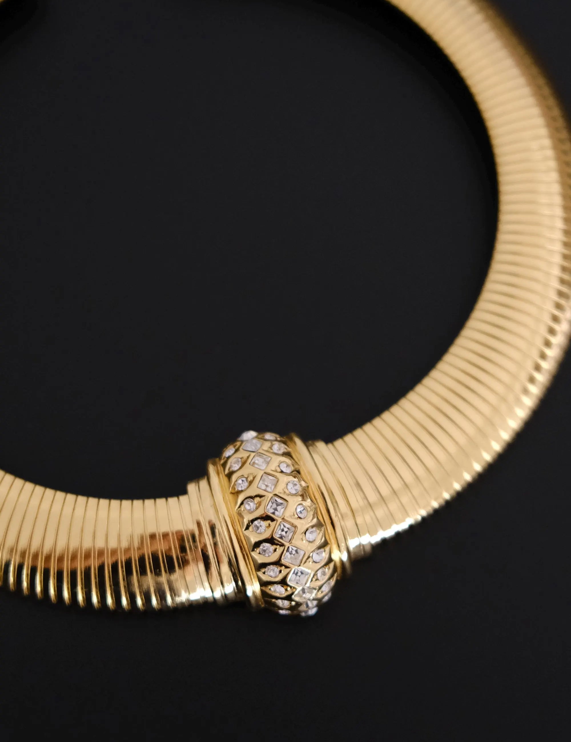 Vintage Christian Dior gold-tone Tubogas-style choker necklace with crystal centerpiece, signed Chr. Dior and made in Germany