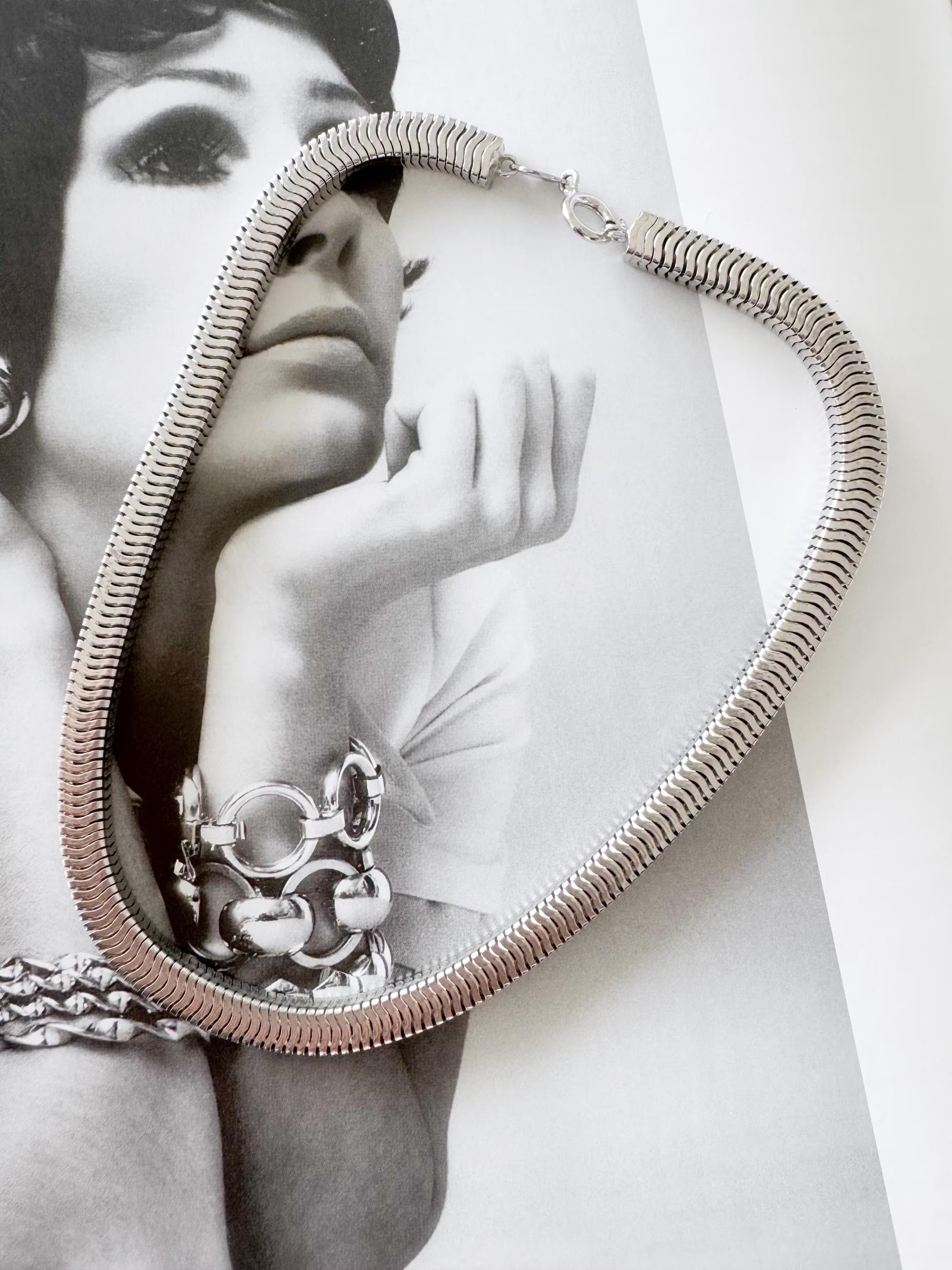 Vintage Christian Dior Necklace 1973 , Dior Chain Necklace, Dior Tubogas necklace Snake chain Necklace, Gift for her, silver zipper choker