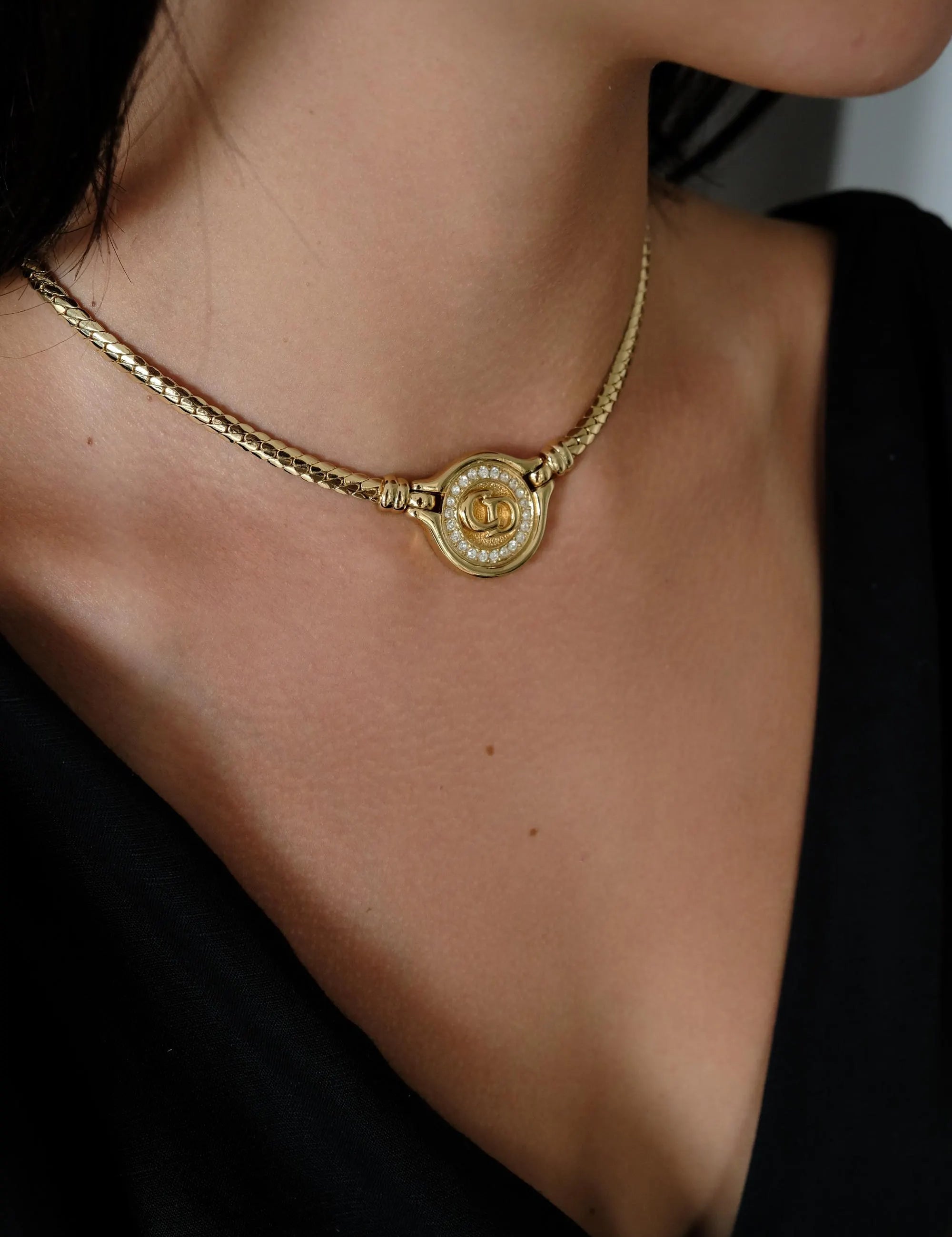 Vintage Christian Dior Necklace, dior coin necklace,  vintage coin chocker , CD Logo Rhinestone, Jewelry for Women, Gift for her, gold plate