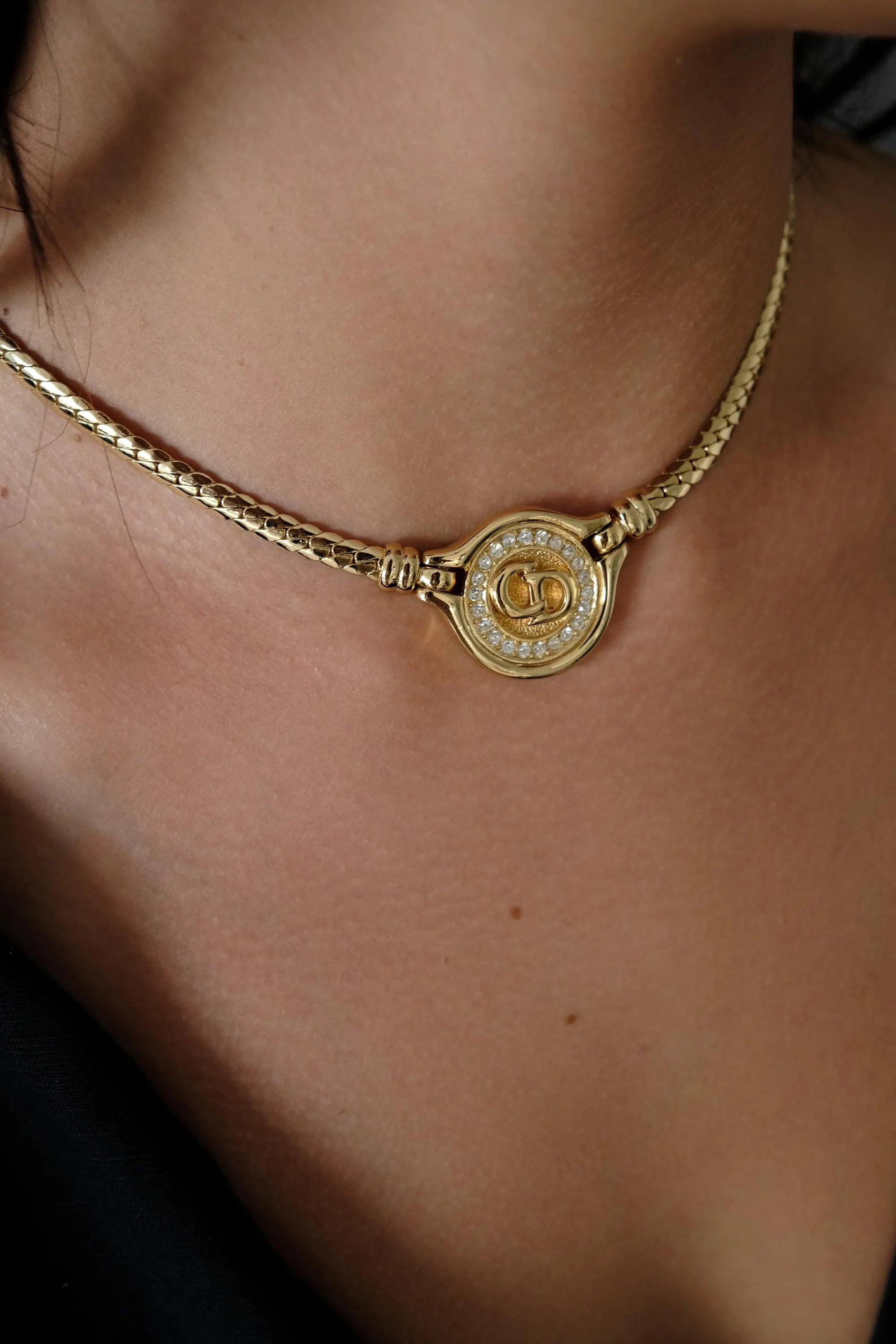Vintage Christian Dior Necklace, dior coin necklace,  vintage coin chocker , CD Logo Rhinestone, Jewelry for Women, Gift for her, gold plate