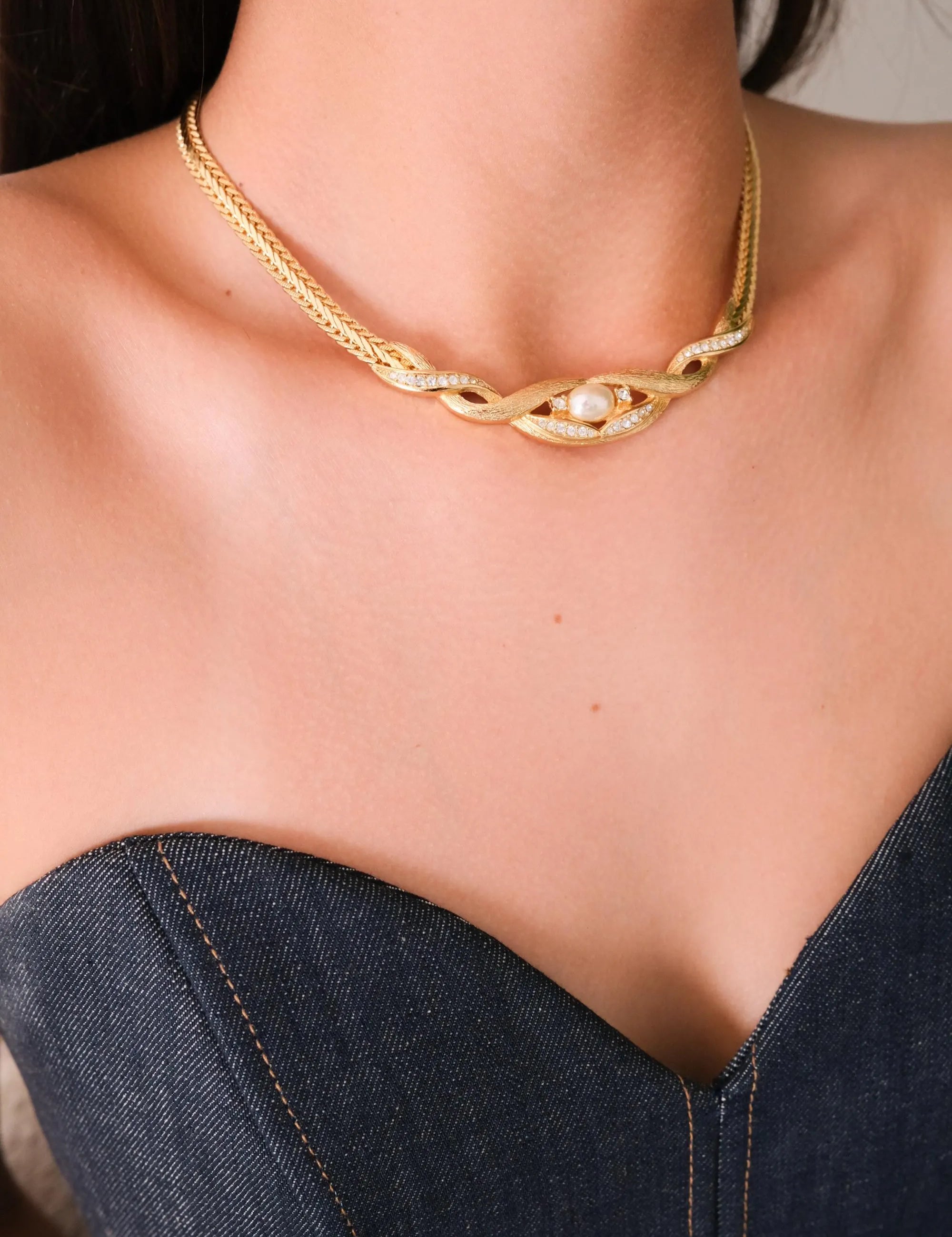 Vintage Christian Dior Choker: matte Gold Mesh, Gold  Crystal, 1980s Statement Necklace, Pearl Necklace, Charm Necklace Gold, birthday gift