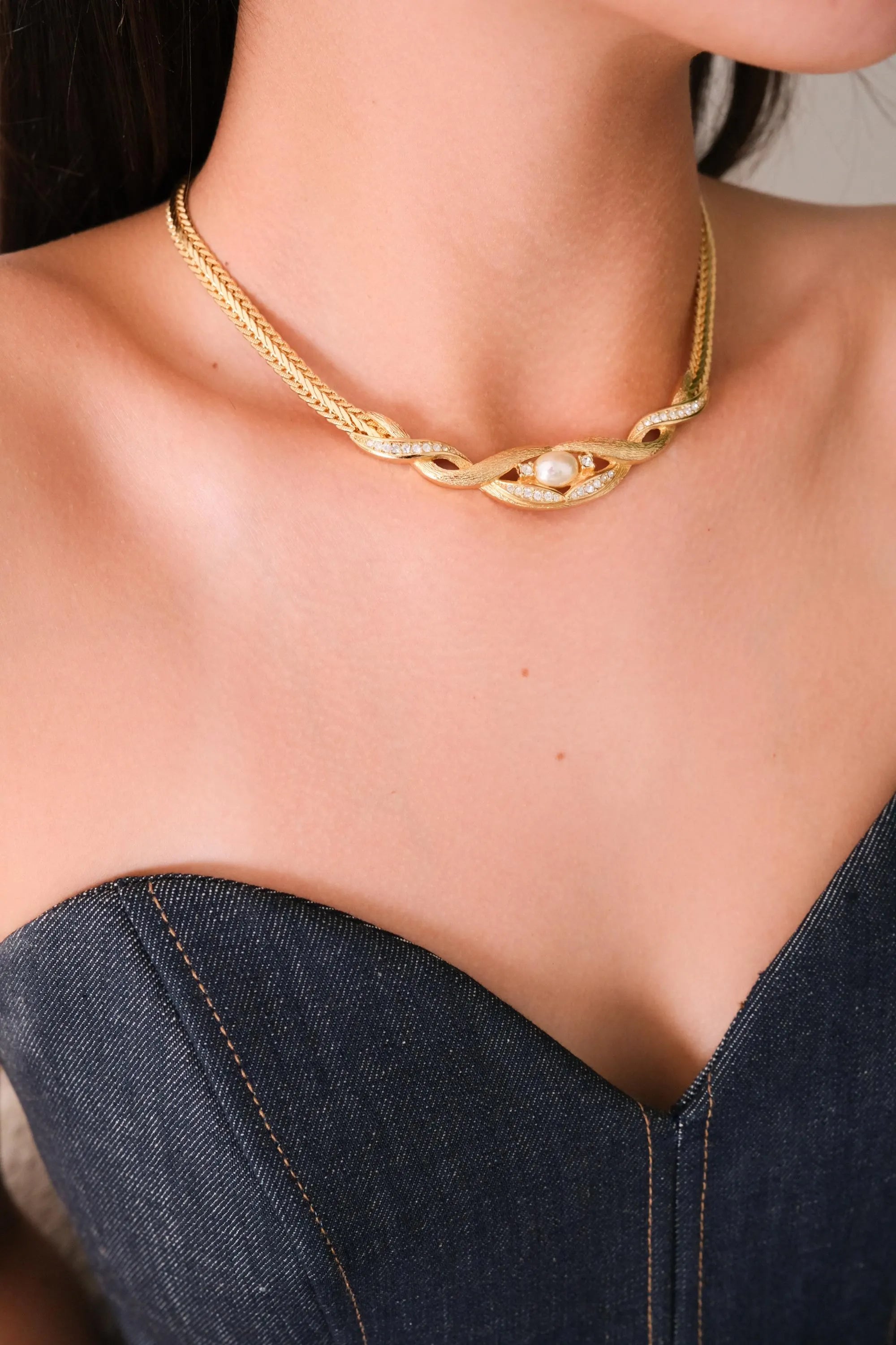 Vintage Christian Dior Choker: matte Gold Mesh, Gold  Crystal, 1980s Statement Necklace, Pearl Necklace, Charm Necklace Gold, birthday gift
