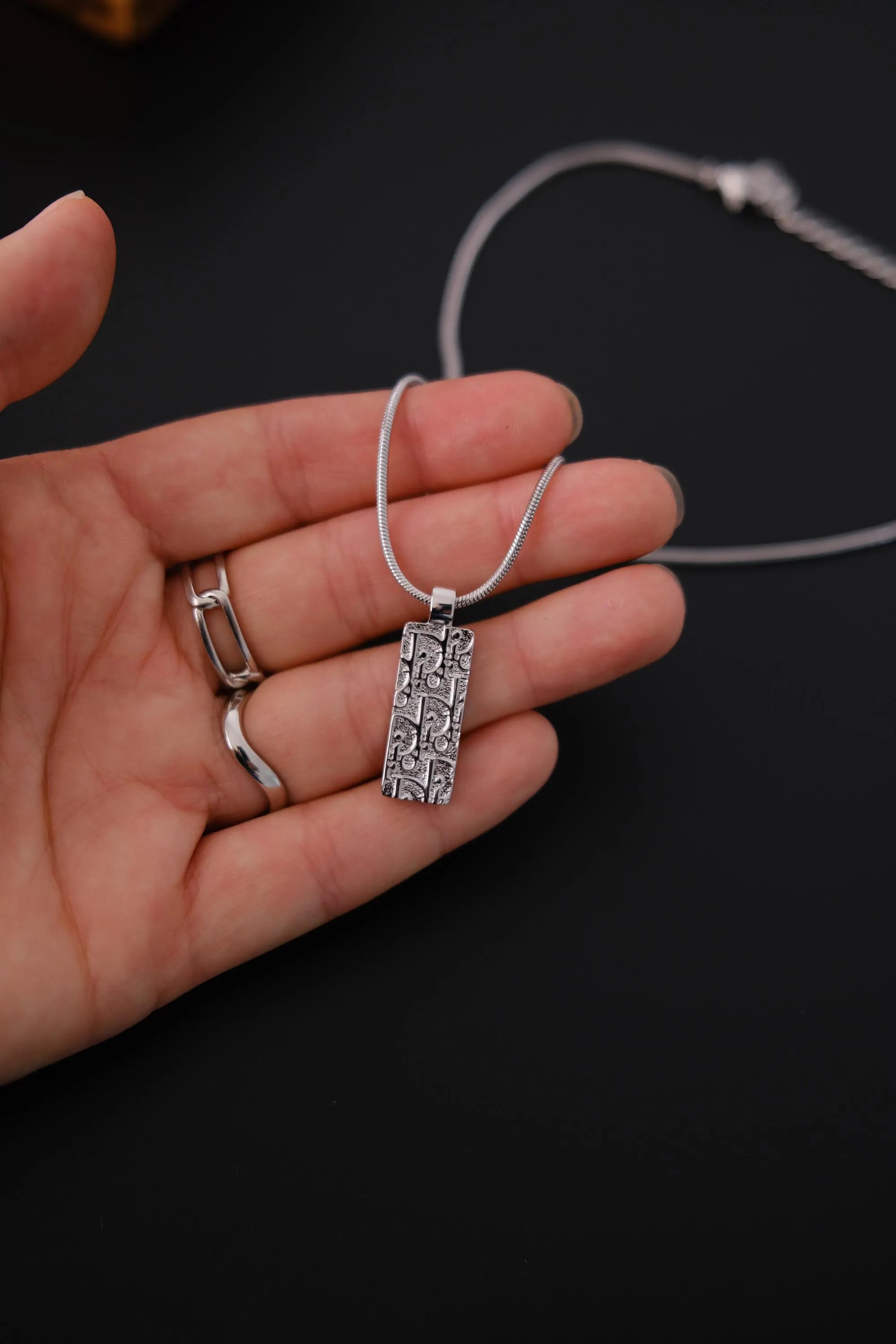 Christian Dior vintage rectangular pendant measuring approximately 3 cm on a 43 cm necklace