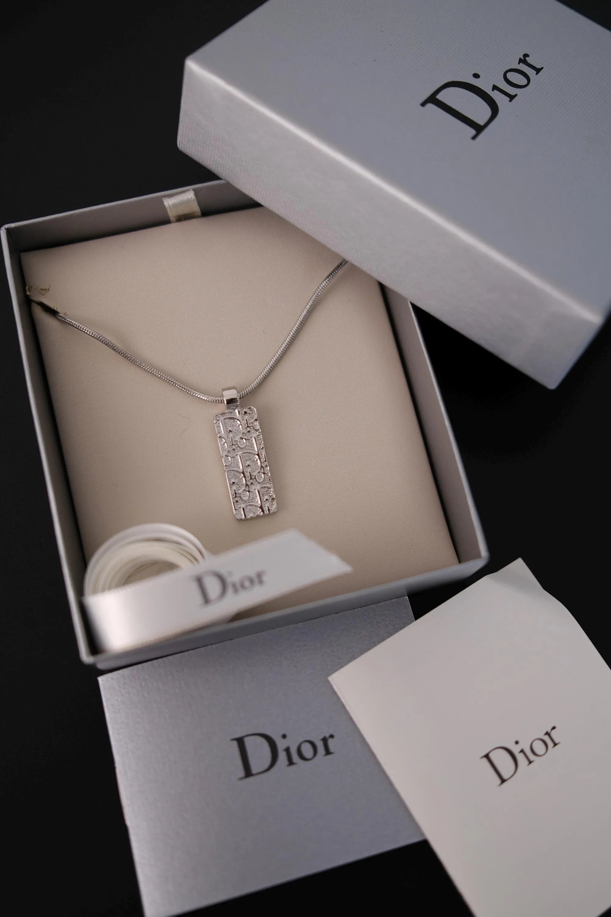 Vintage Christian Dior reversible pendant necklace presented with Dior branded box and packaging