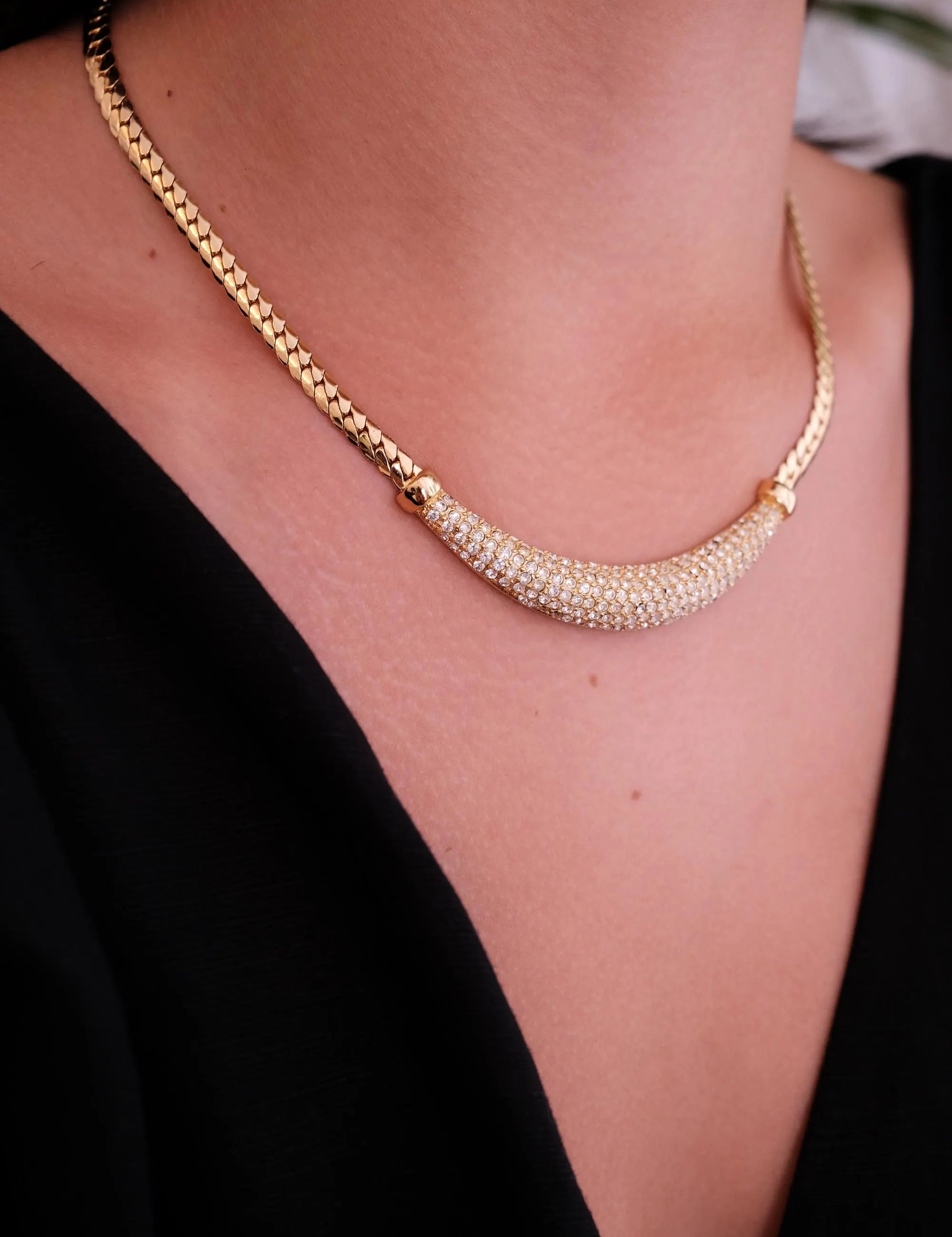 Vintage Christian Dior Rhinestone Choker Necklace: Gold-Tone Bridal Jewelry