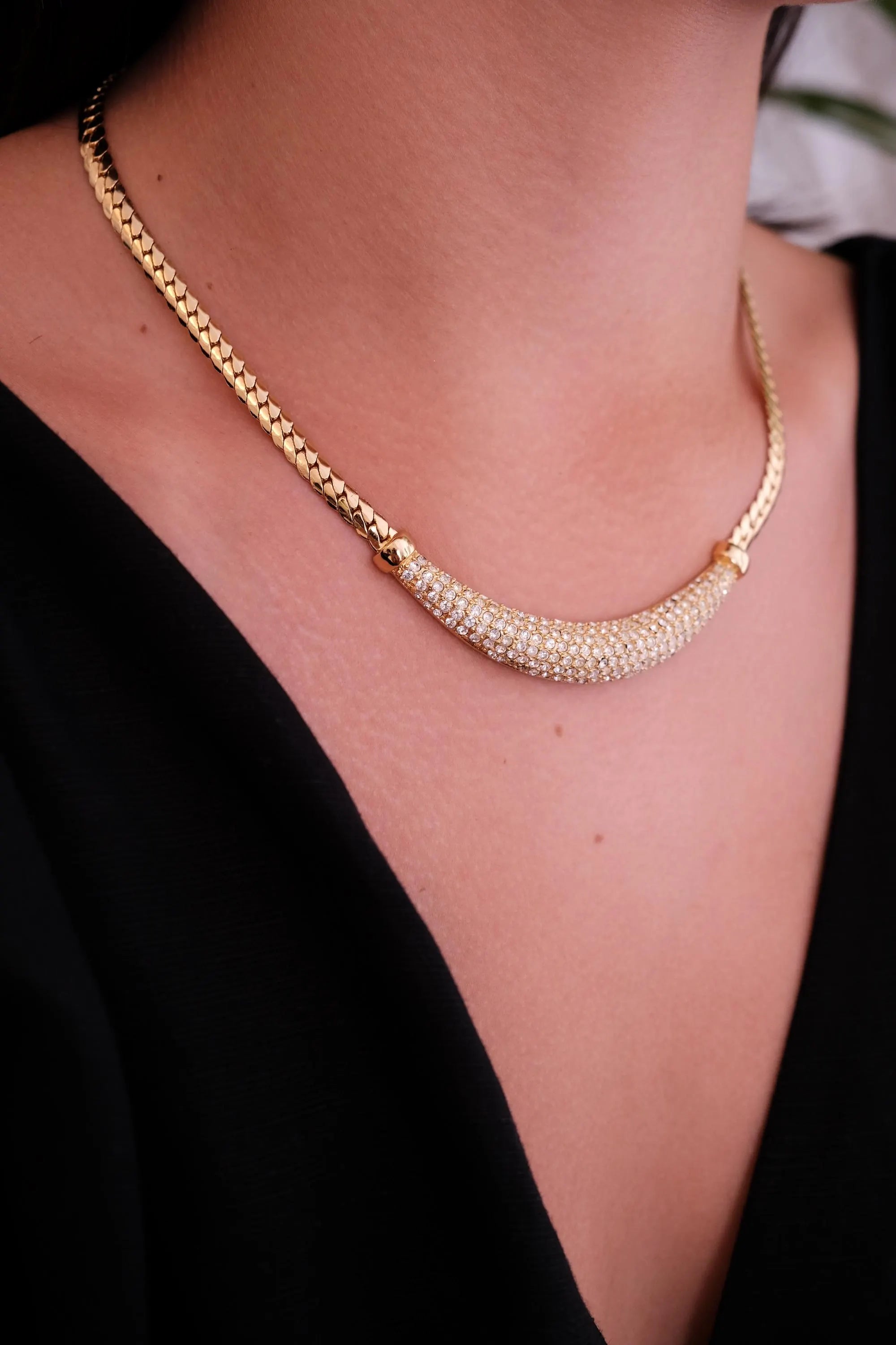 Vintage Christian Dior Rhinestone Choker Necklace: Gold-Tone Bridal Jewelry
