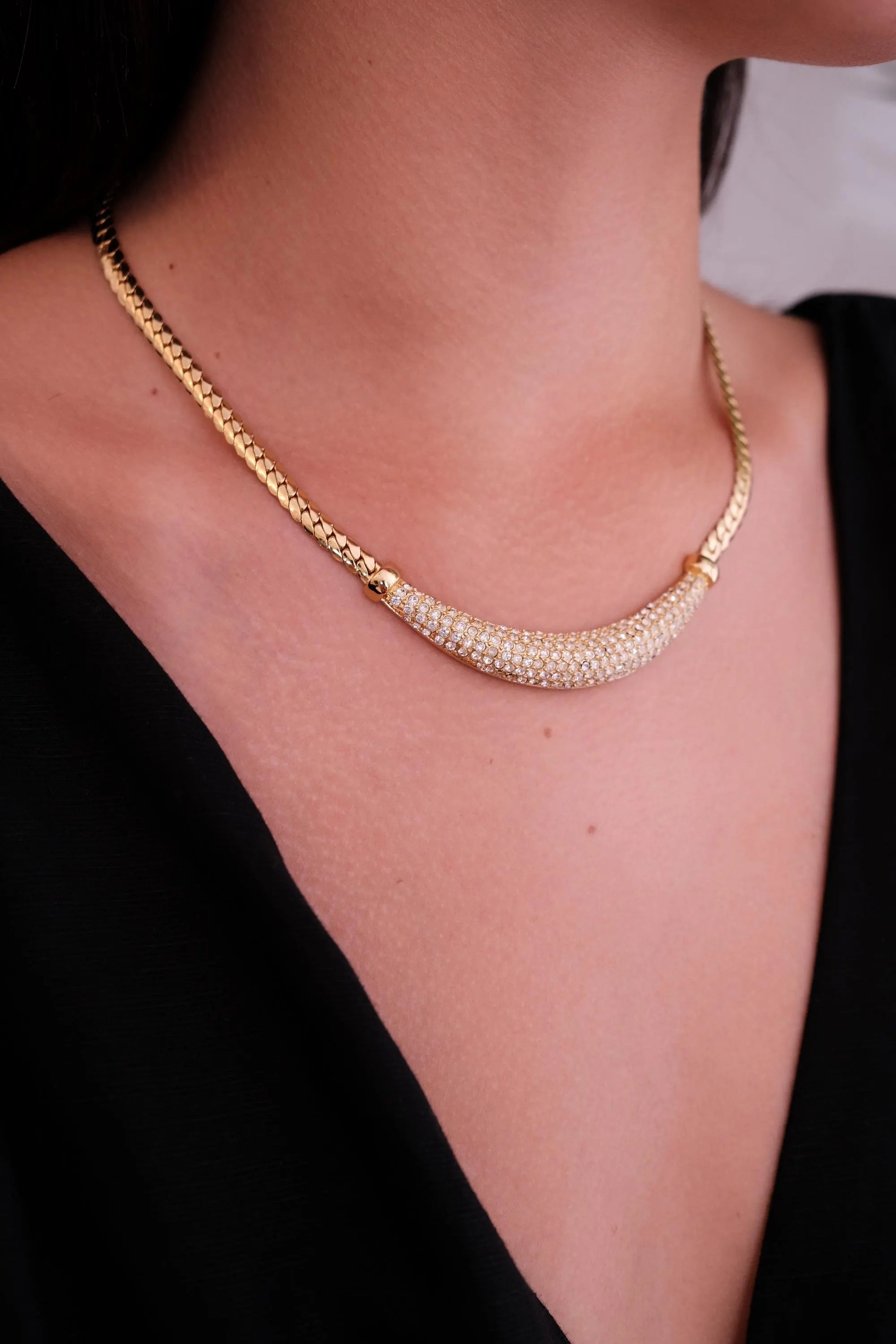 Vintage Christian Dior Rhinestone Choker Necklace: Gold-Tone Bridal Jewelry