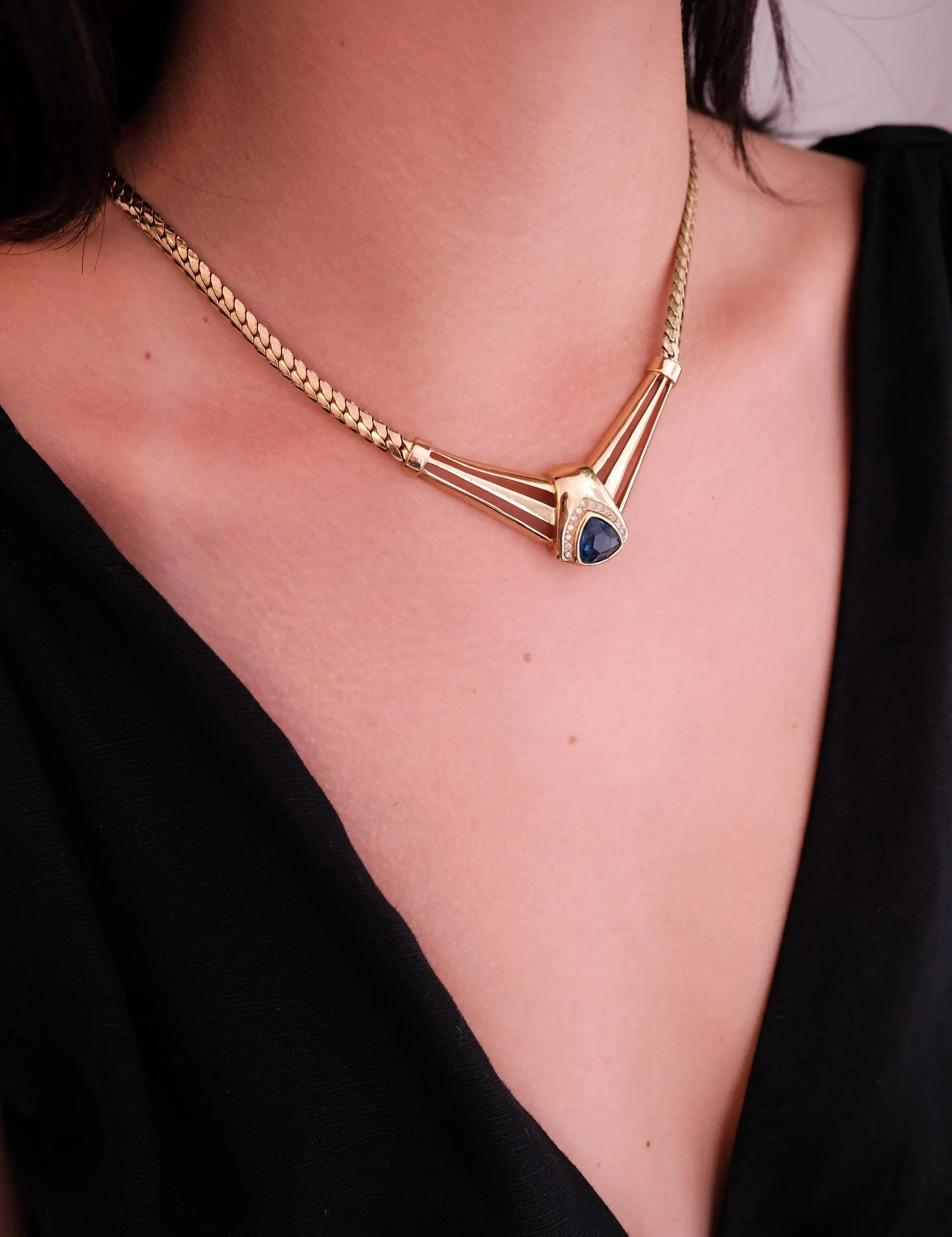 Vintage Christian Dior Sapphire Blue Crystal Necklace: Gold-Tone, Signed
