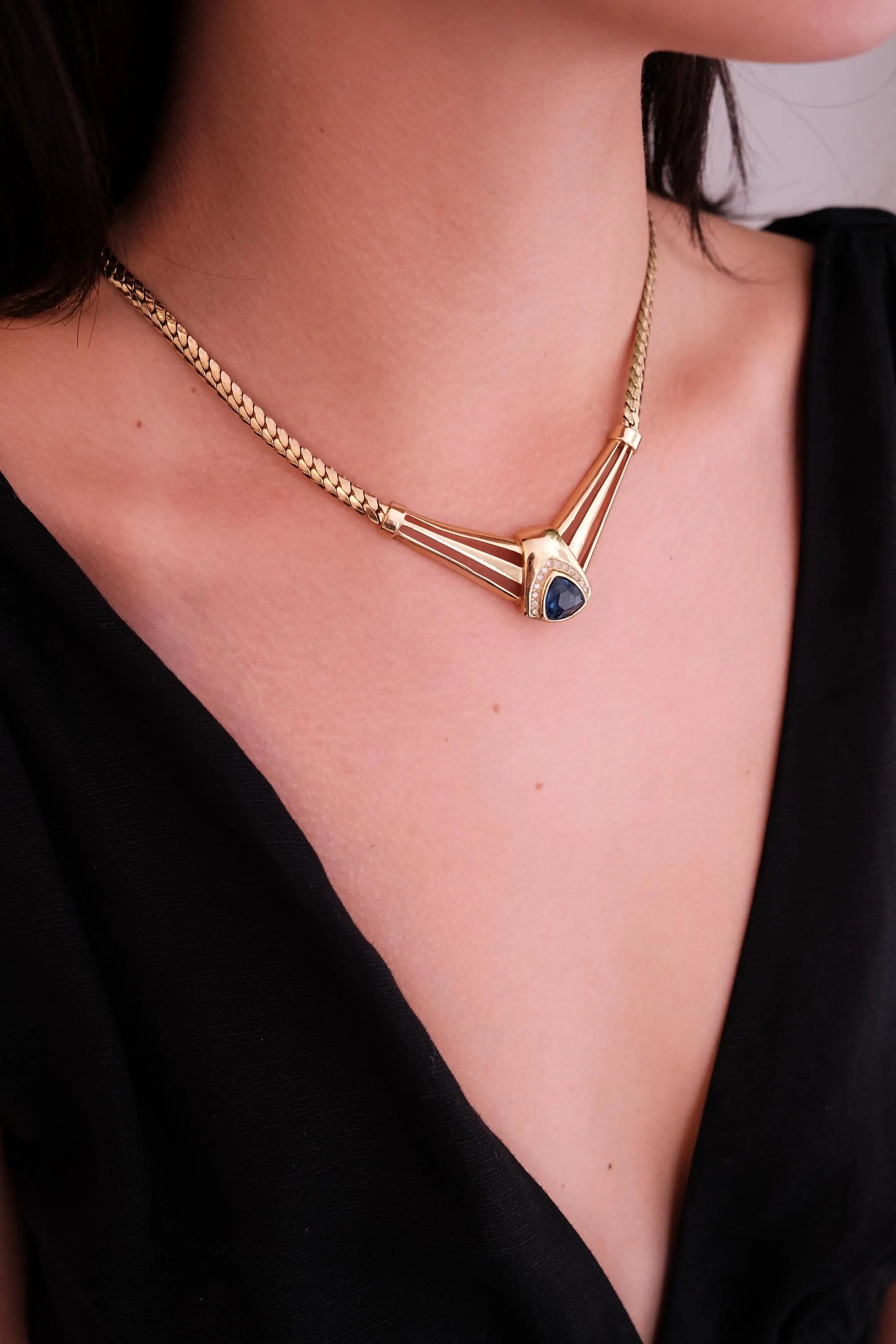 Vintage Christian Dior Sapphire Blue Crystal Necklace: Gold-Tone, Signed