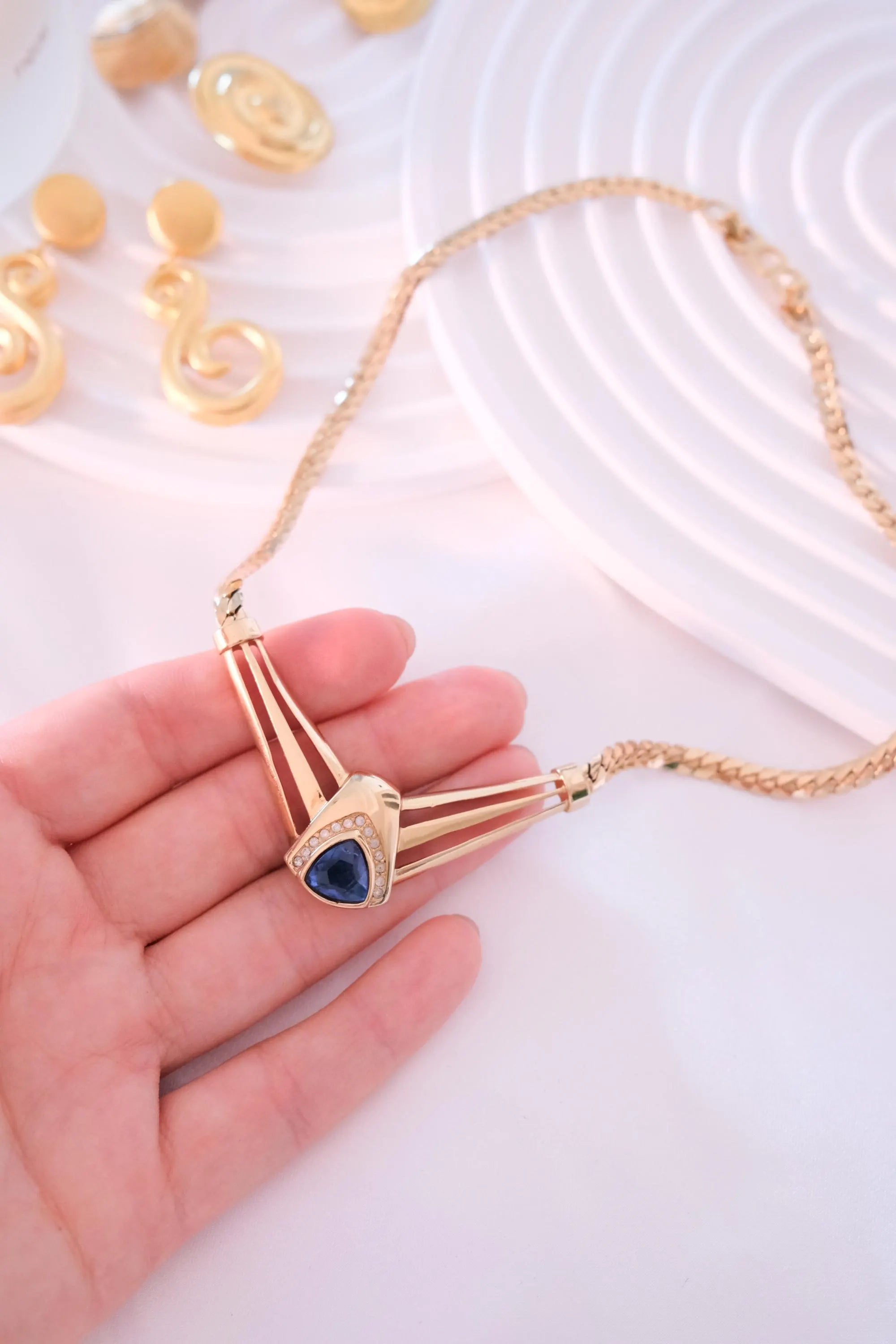 Vintage Christian Dior Sapphire Blue Crystal Necklace: Gold-Tone, Signed
