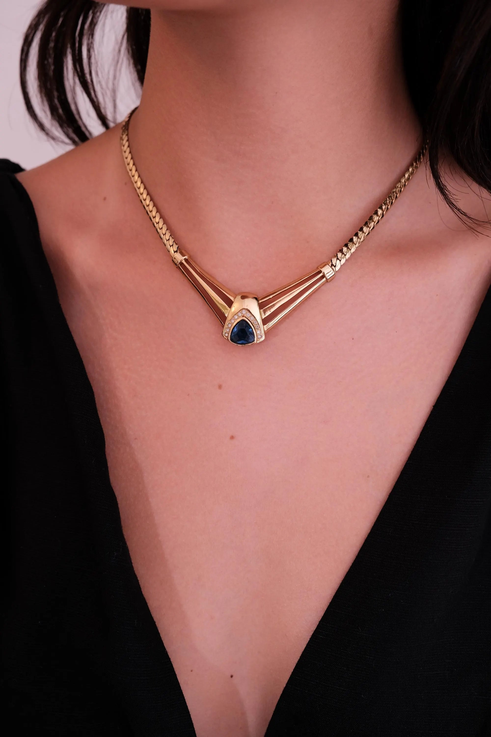 Vintage Christian Dior Sapphire Blue Crystal Necklace: Gold-Tone, Signed