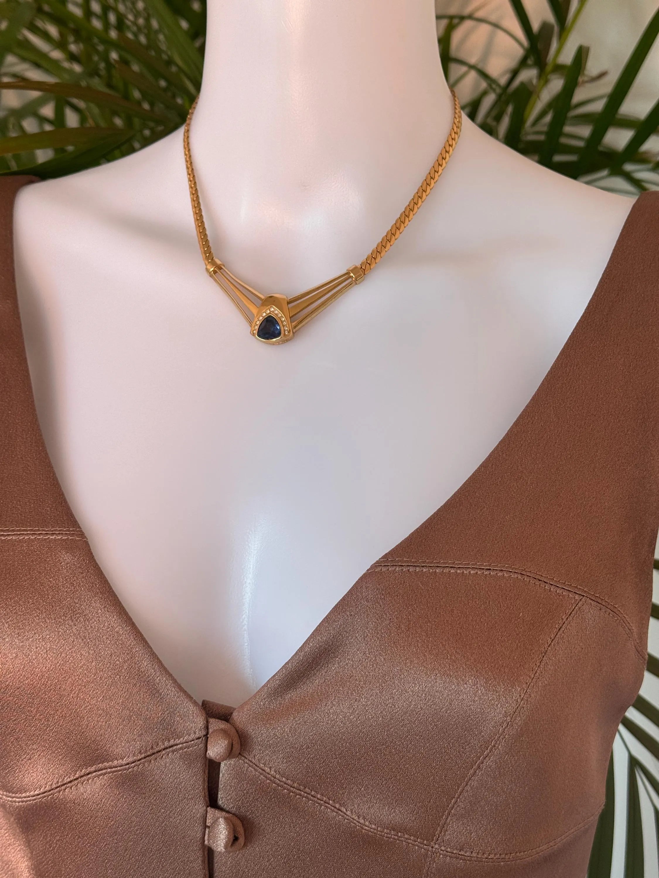 Vintage Christian Dior Sapphire Blue Crystal Necklace: Gold-Tone, Signed
