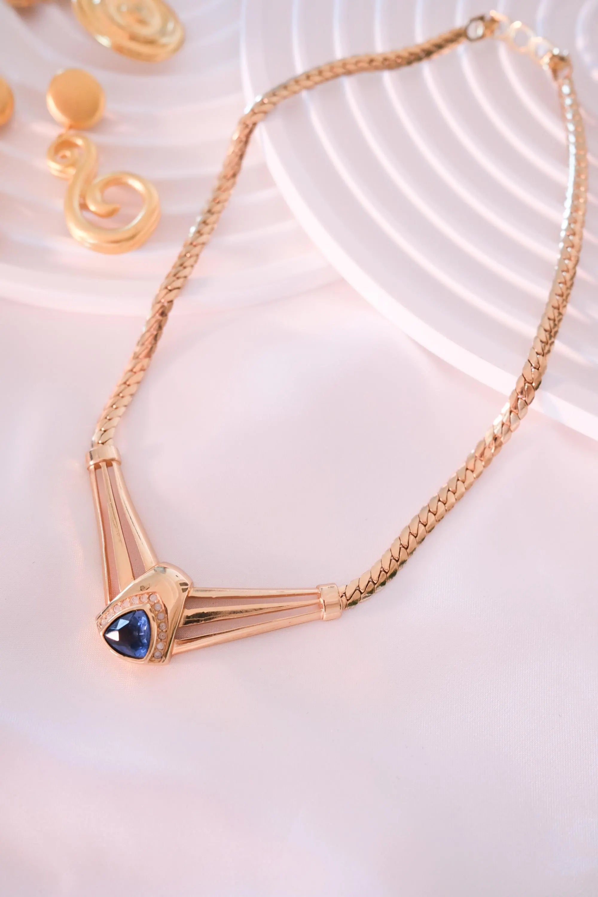 Vintage Christian Dior Sapphire Blue Crystal Necklace: Gold-Tone, Signed