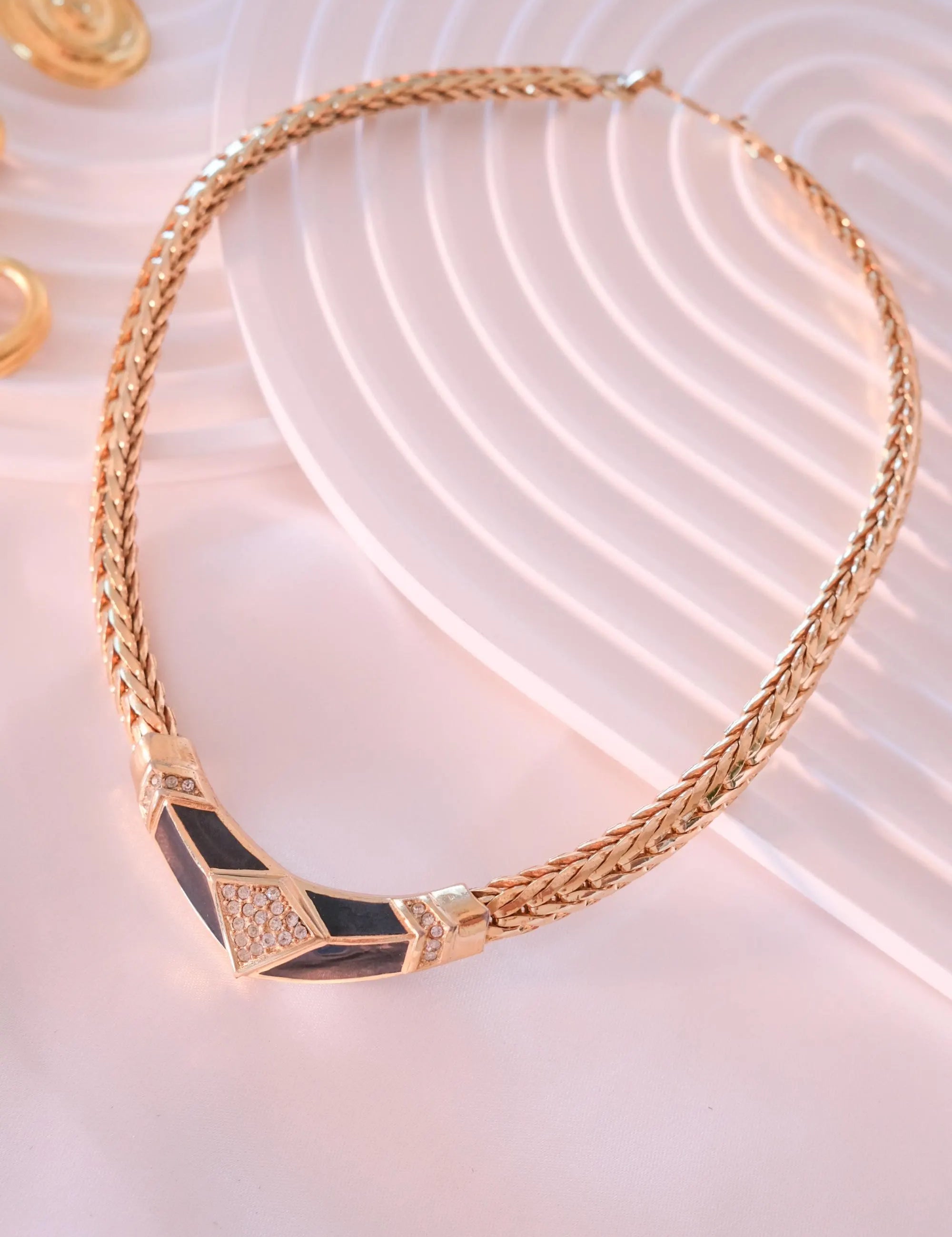 Vintage Christian Dior Statement Necklace – Black Enamel & Crystal – 42 cm – Signed Chr. Dior