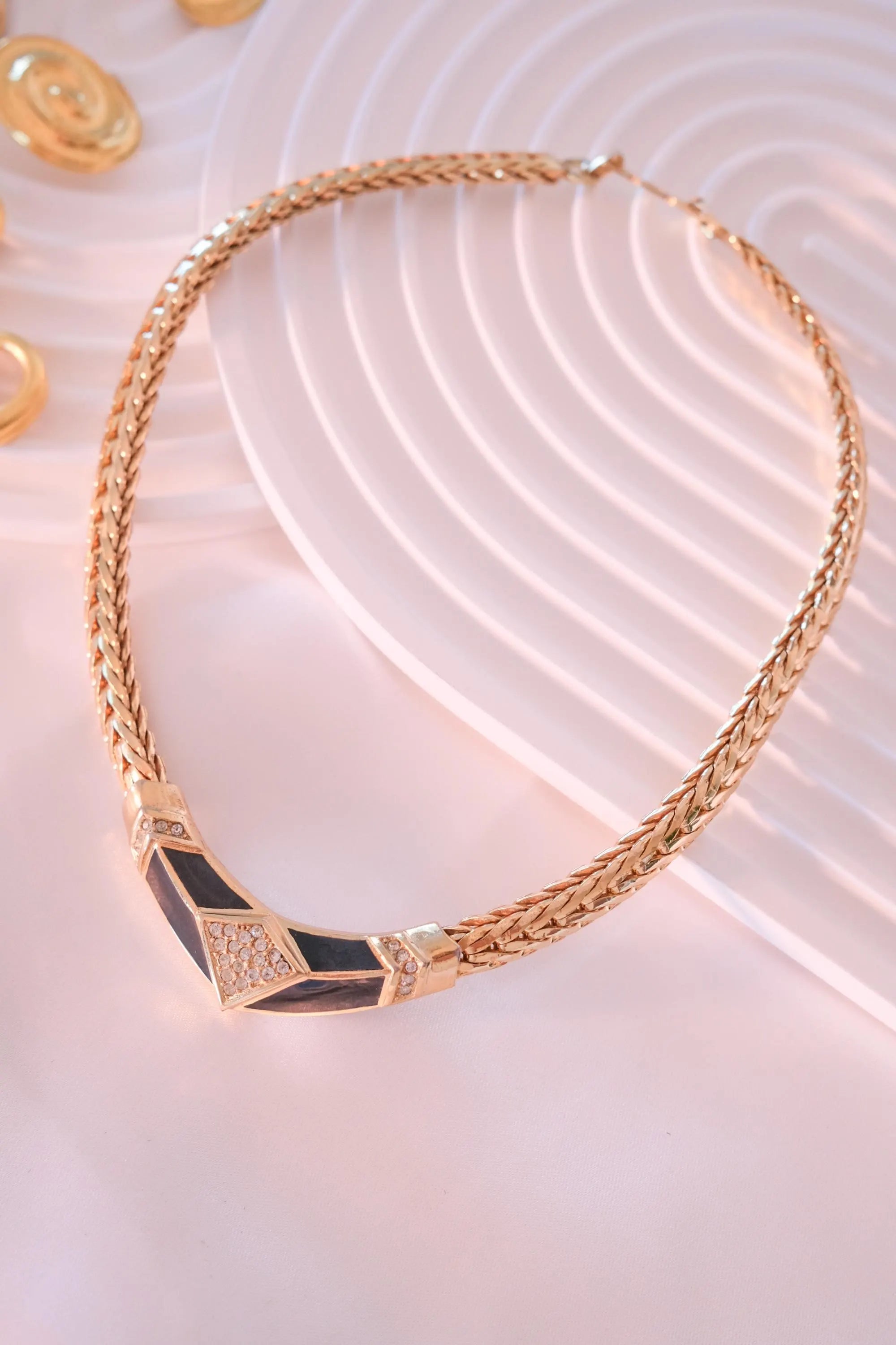 Vintage Christian Dior Statement Necklace – Black Enamel & Crystal – 42 cm – Signed Chr. Dior