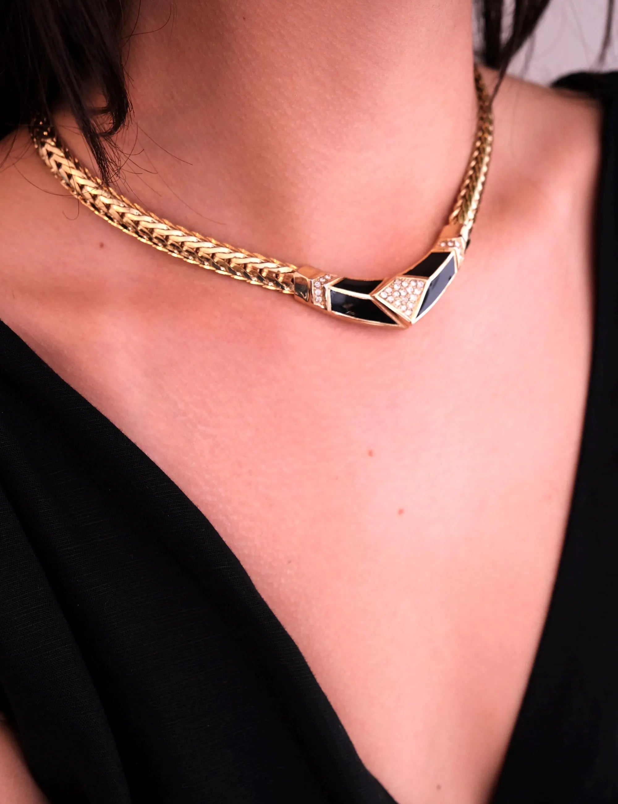 Vintage Christian Dior Statement Necklace – Black Enamel & Crystal – 42 cm – Signed Chr. Dior
