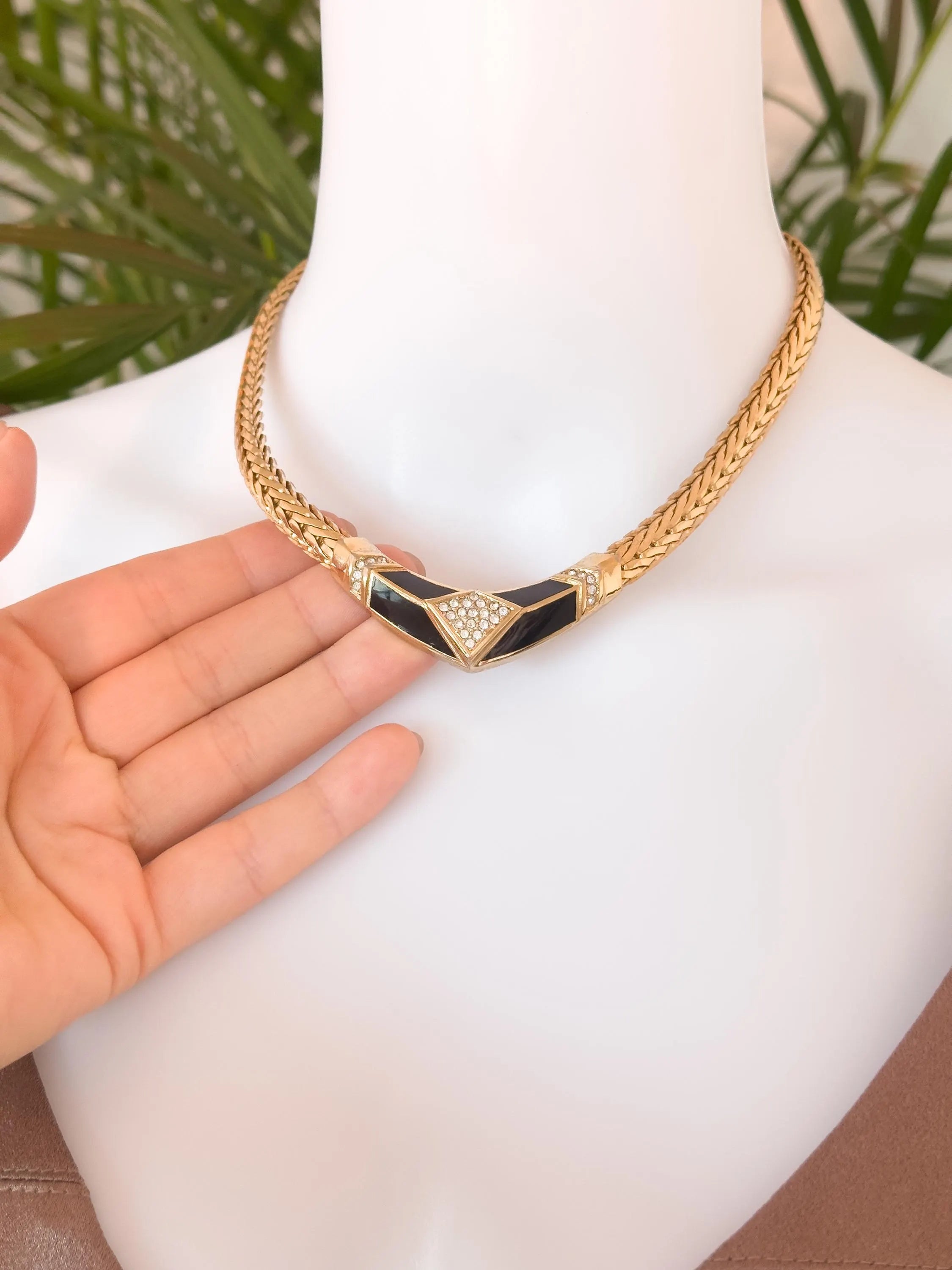 Vintage Christian Dior Statement Necklace – Black Enamel & Crystal – 42 cm – Signed Chr. Dior