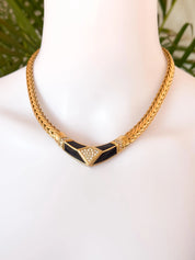 Vintage Christian Dior Statement Necklace – Black Enamel & Crystal – 42 cm – Signed Chr. Dior