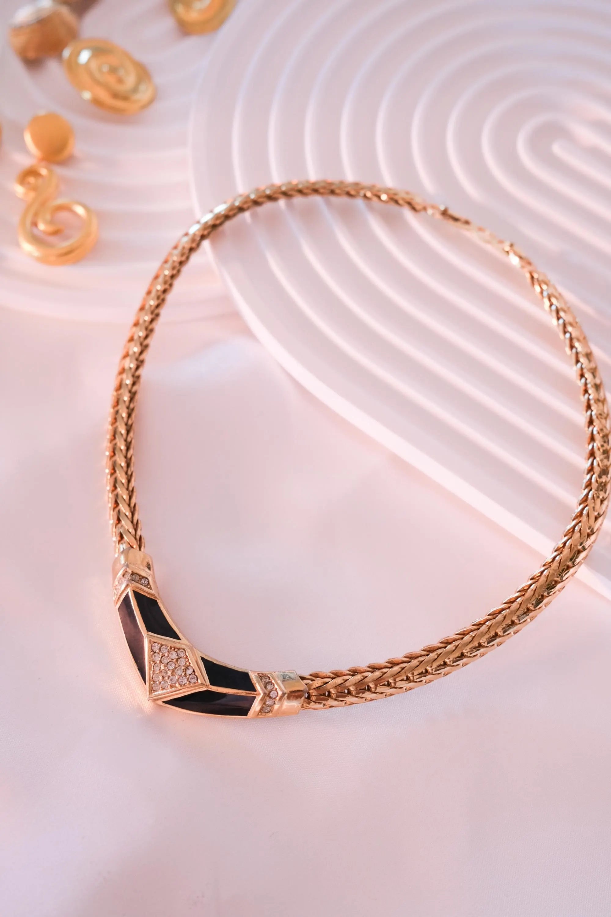 Vintage Christian Dior Statement Necklace – Black Enamel & Crystal – 42 cm – Signed Chr. Dior