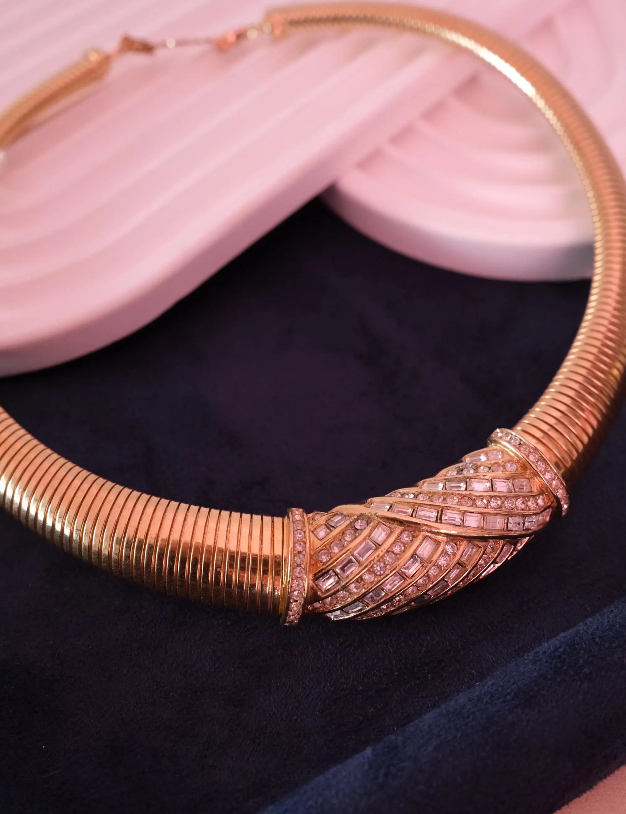 Vintage Christian Dior tubogas snake chain necklace with rhinestones, gold tone designer jewelry