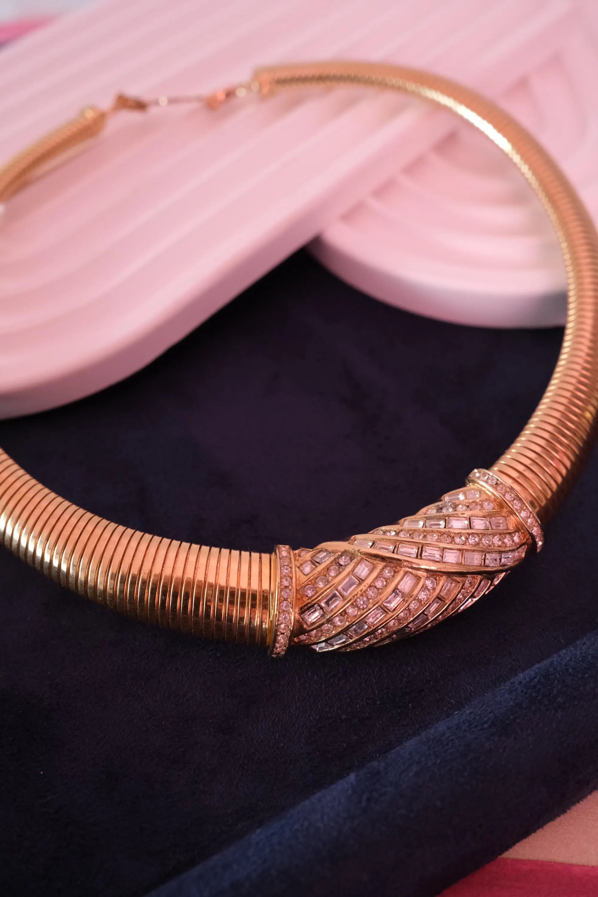 Vintage Christian Dior tubogas snake chain necklace with rhinestones, gold tone designer jewelry