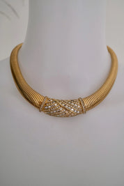 Vintage Christian Dior tubogas snake chain necklace with rhinestones, gold tone designer jewelry
