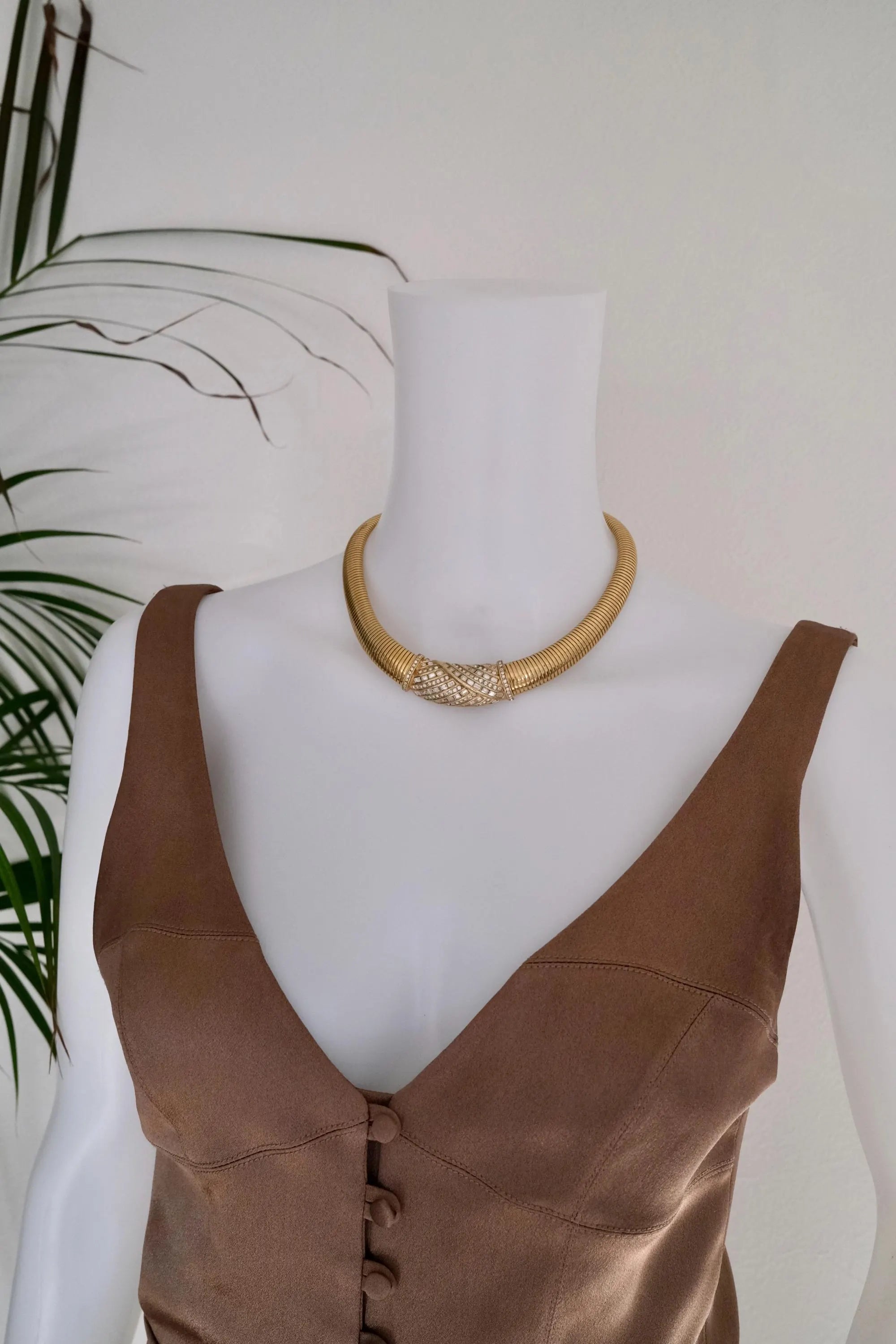Vintage Christian Dior tubogas snake chain necklace with rhinestones, gold tone designer jewelry