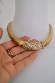 Vintage Christian Dior tubogas snake chain necklace with rhinestones, gold tone designer jewelry