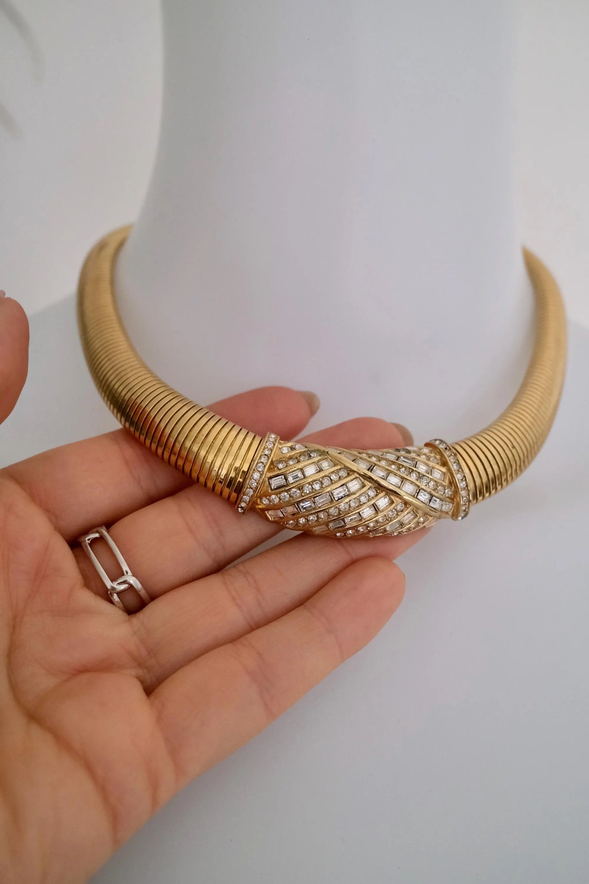 Vintage Christian Dior tubogas snake chain necklace with rhinestones, gold tone designer jewelry