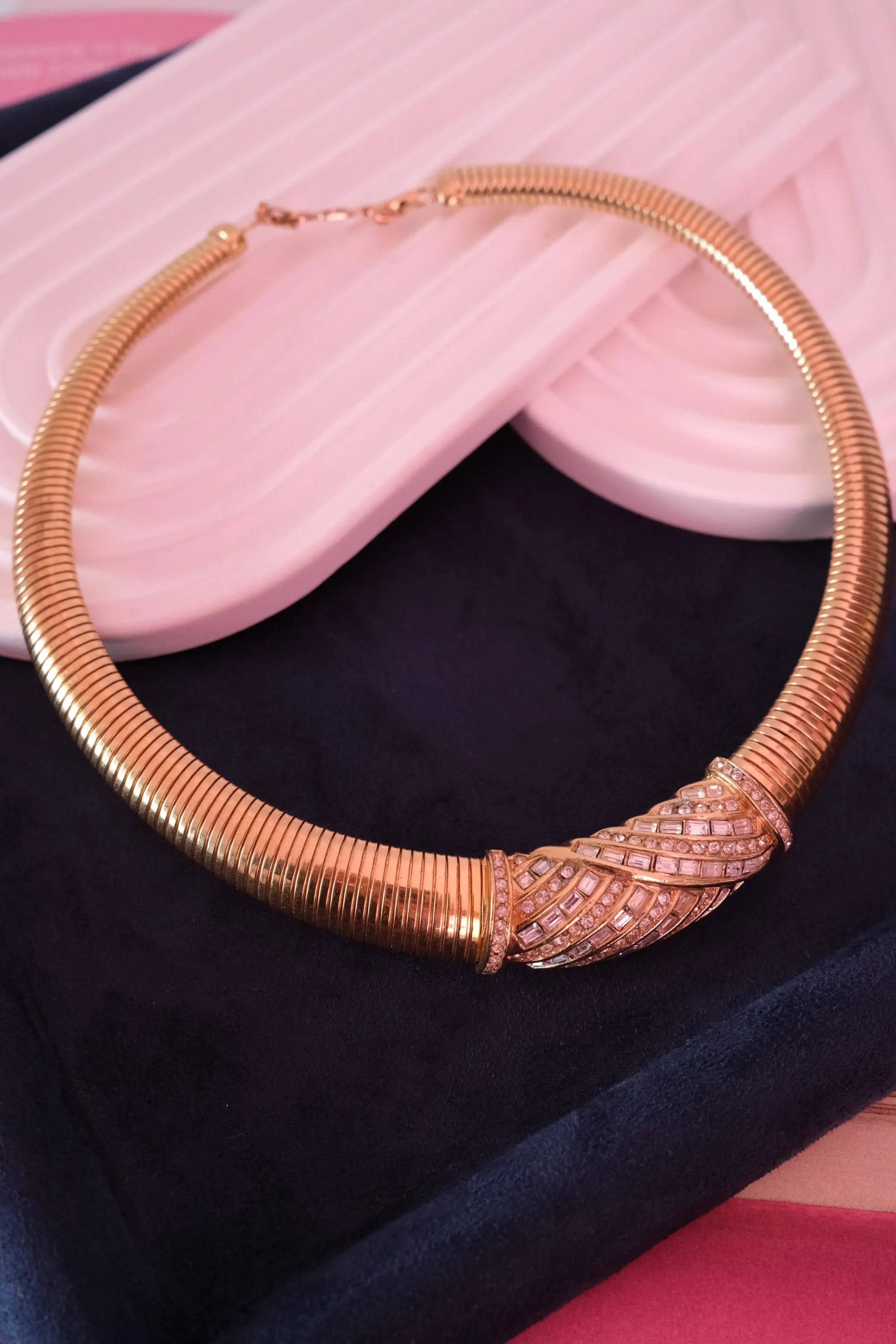 Vintage Christian Dior tubogas snake chain necklace with rhinestones, gold tone designer jewelry