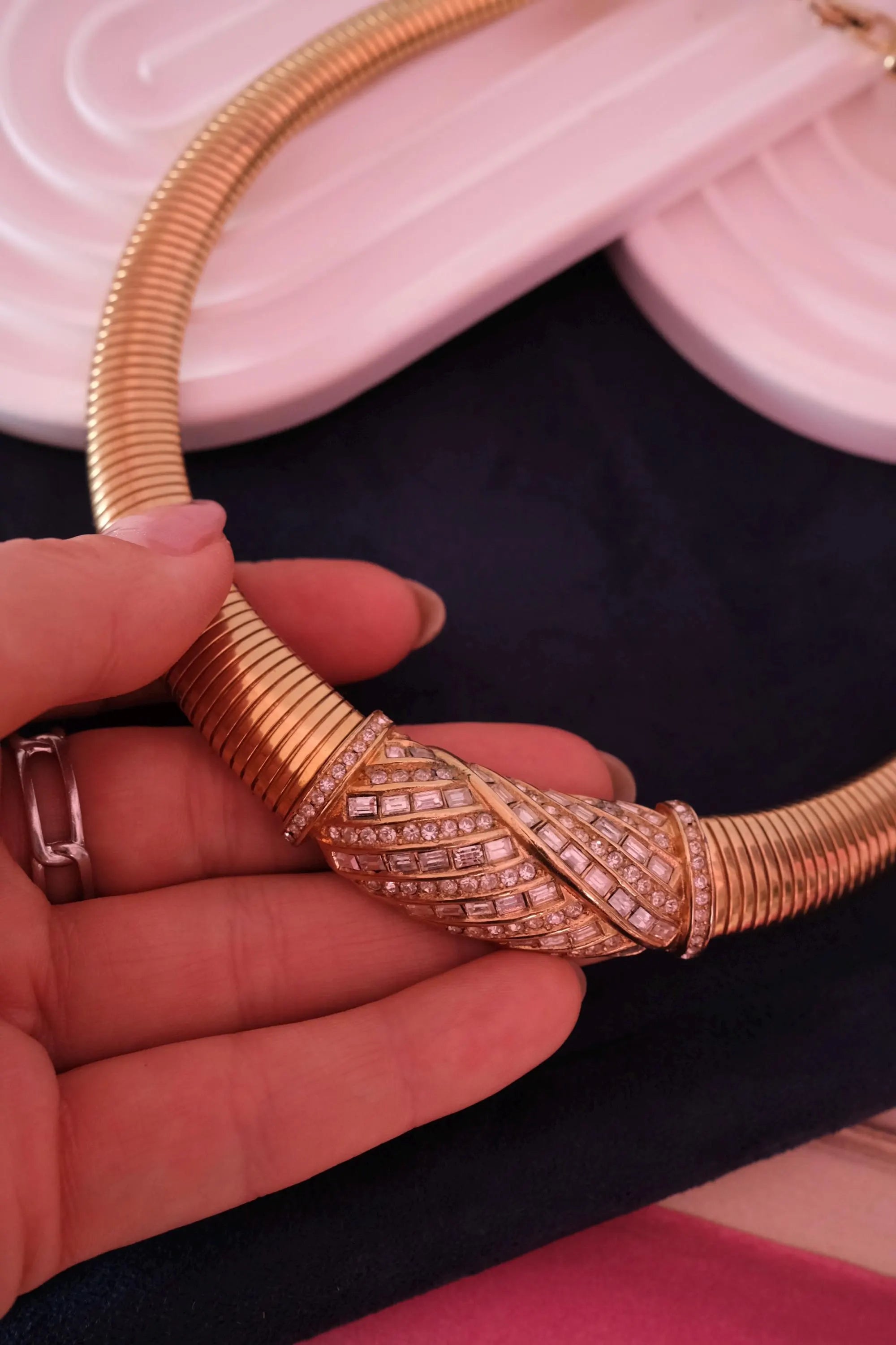 Vintage Christian Dior tubogas snake chain necklace with rhinestones, gold tone designer jewelry