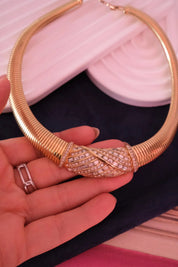 Vintage Christian Dior tubogas snake chain necklace with rhinestones, gold tone designer jewelry