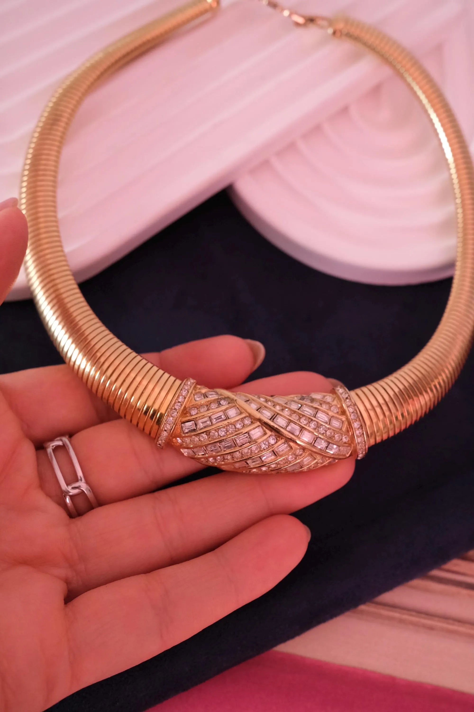 Vintage Christian Dior tubogas snake chain necklace with rhinestones, gold tone designer jewelry