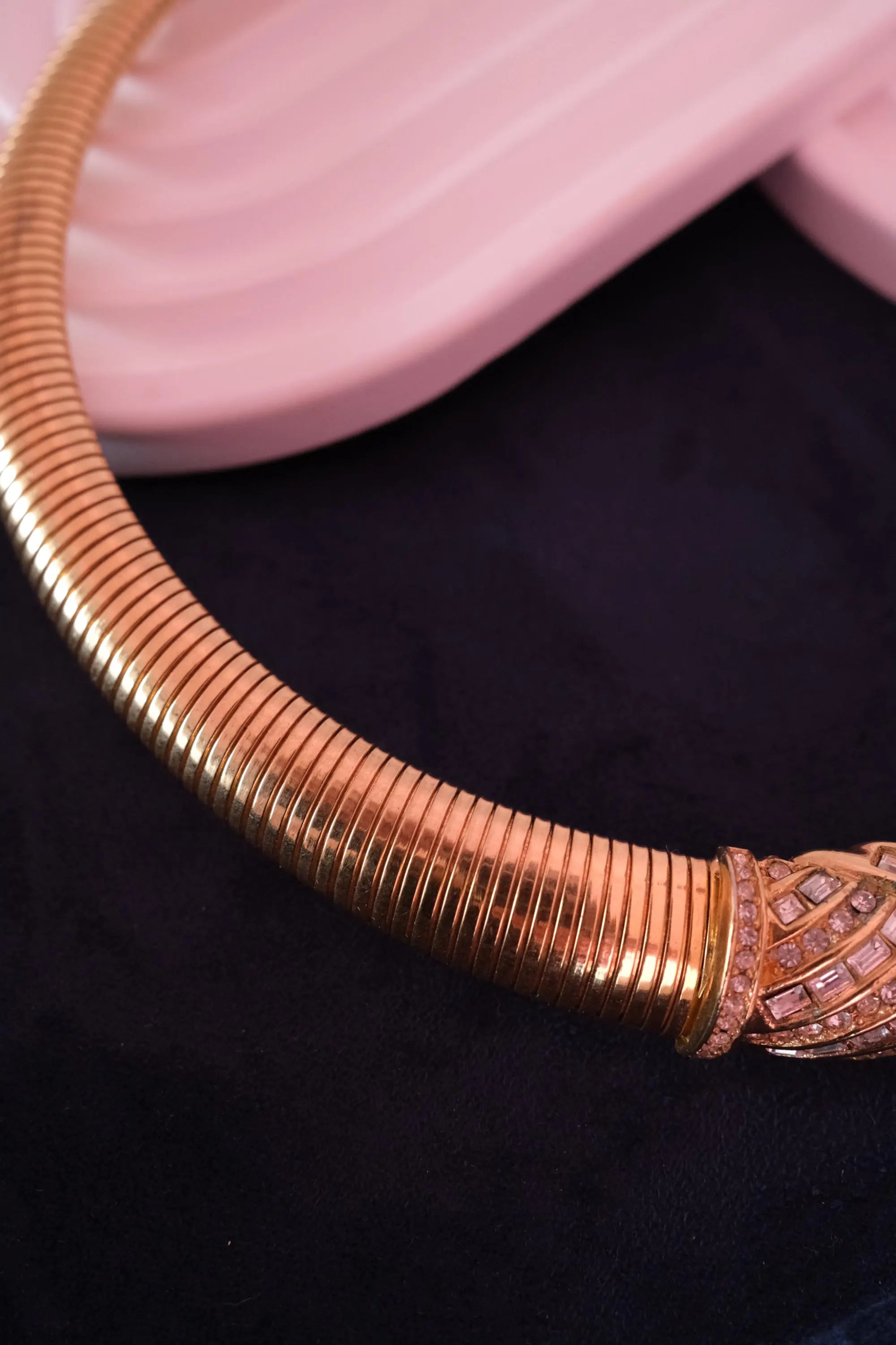 Vintage Christian Dior tubogas snake chain necklace with rhinestones, gold tone designer jewelry