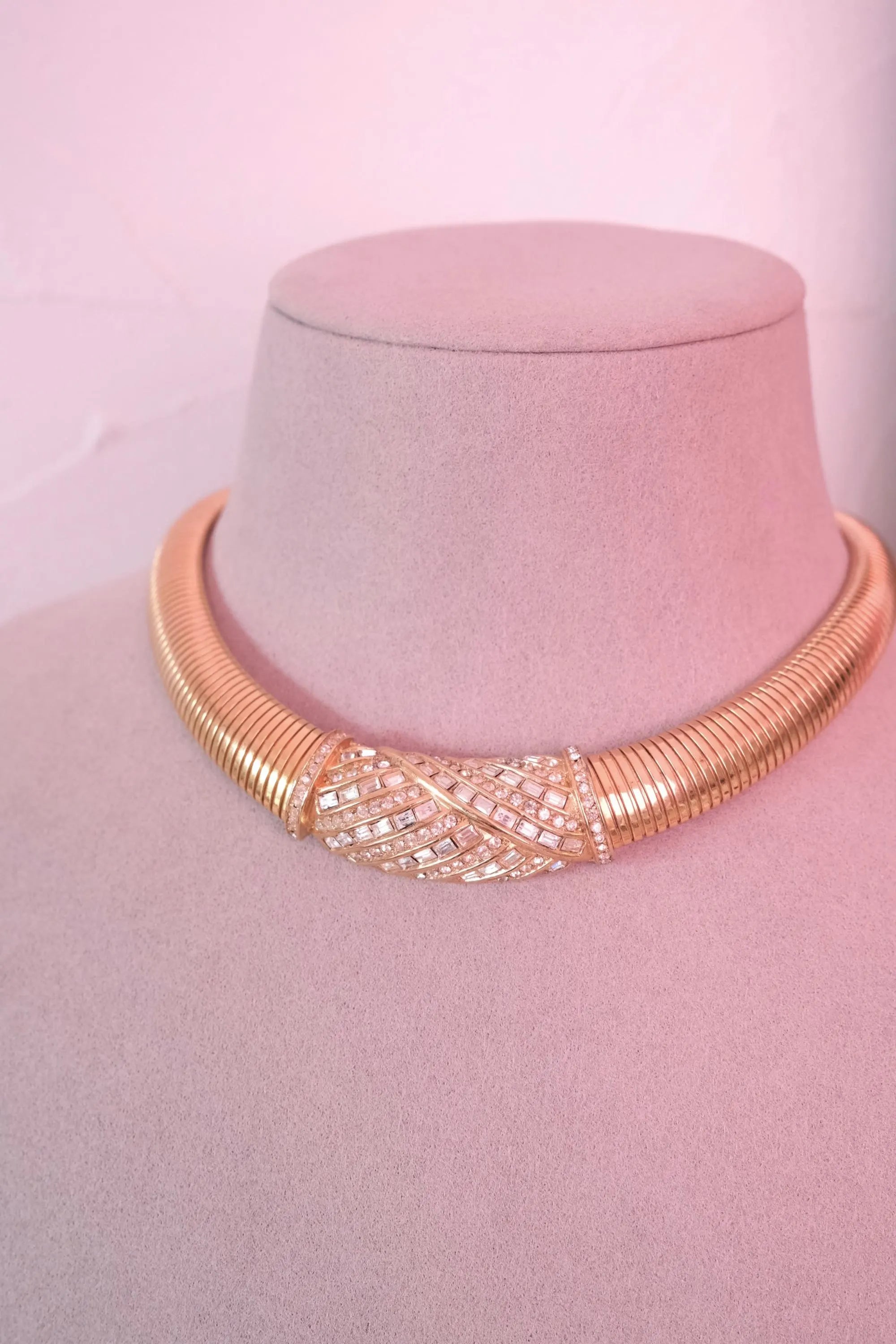 Vintage Christian Dior tubogas snake chain necklace with rhinestones, gold tone designer jewelry
