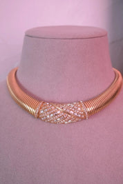 Vintage Christian Dior tubogas snake chain necklace with rhinestones, gold tone designer jewelry
