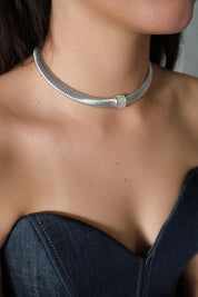 Vintage Christian Dior silver tone gaspipe design choker necklace with crystal charm