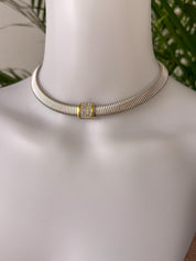 Vintage Christian Dior silver tone gaspipe design choker necklace with crystal charm