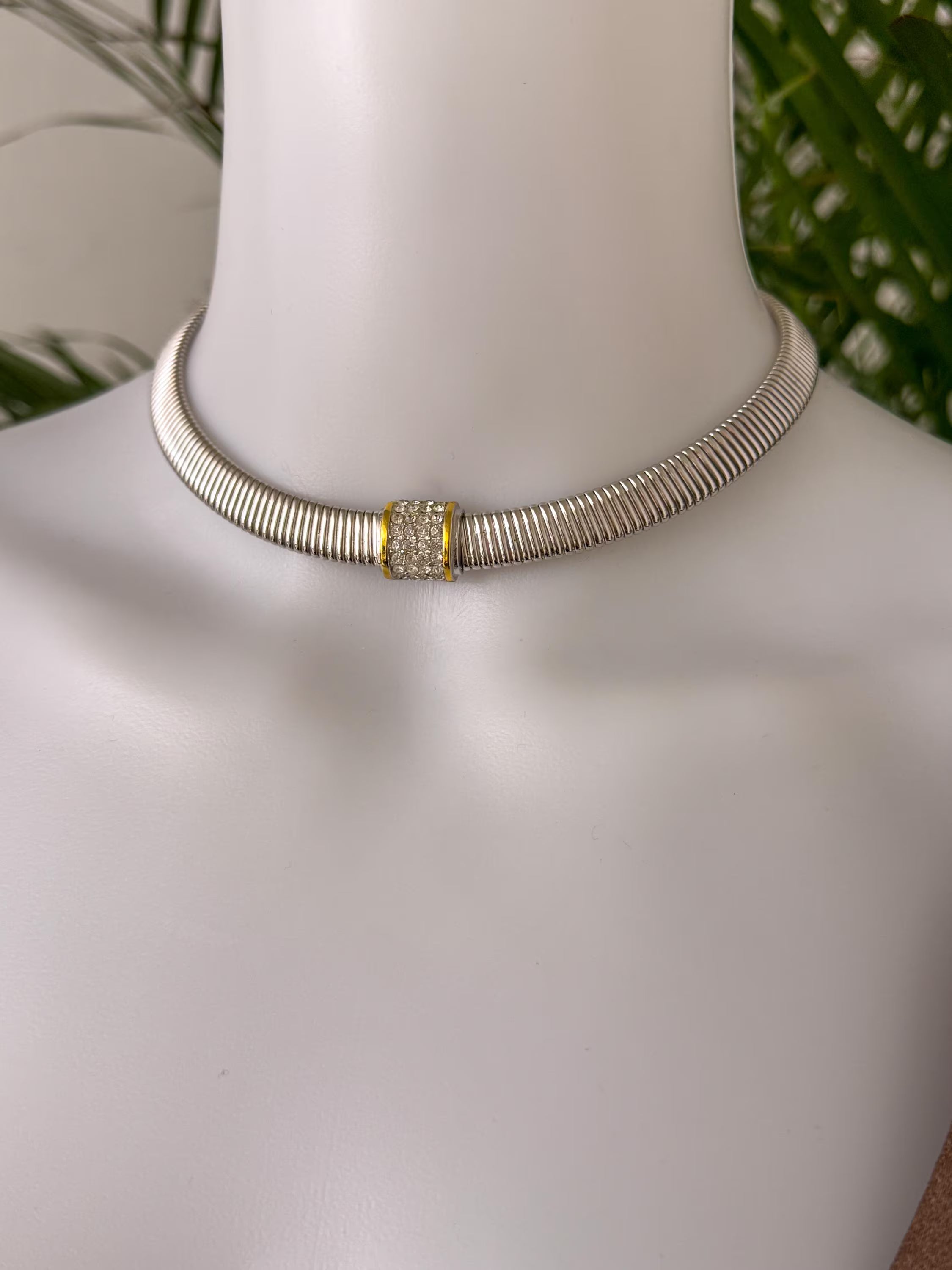 Vintage Christian Dior silver tone gaspipe design choker necklace with crystal charm