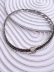 Vintage Christian Dior silver tone gaspipe design choker necklace with crystal charm