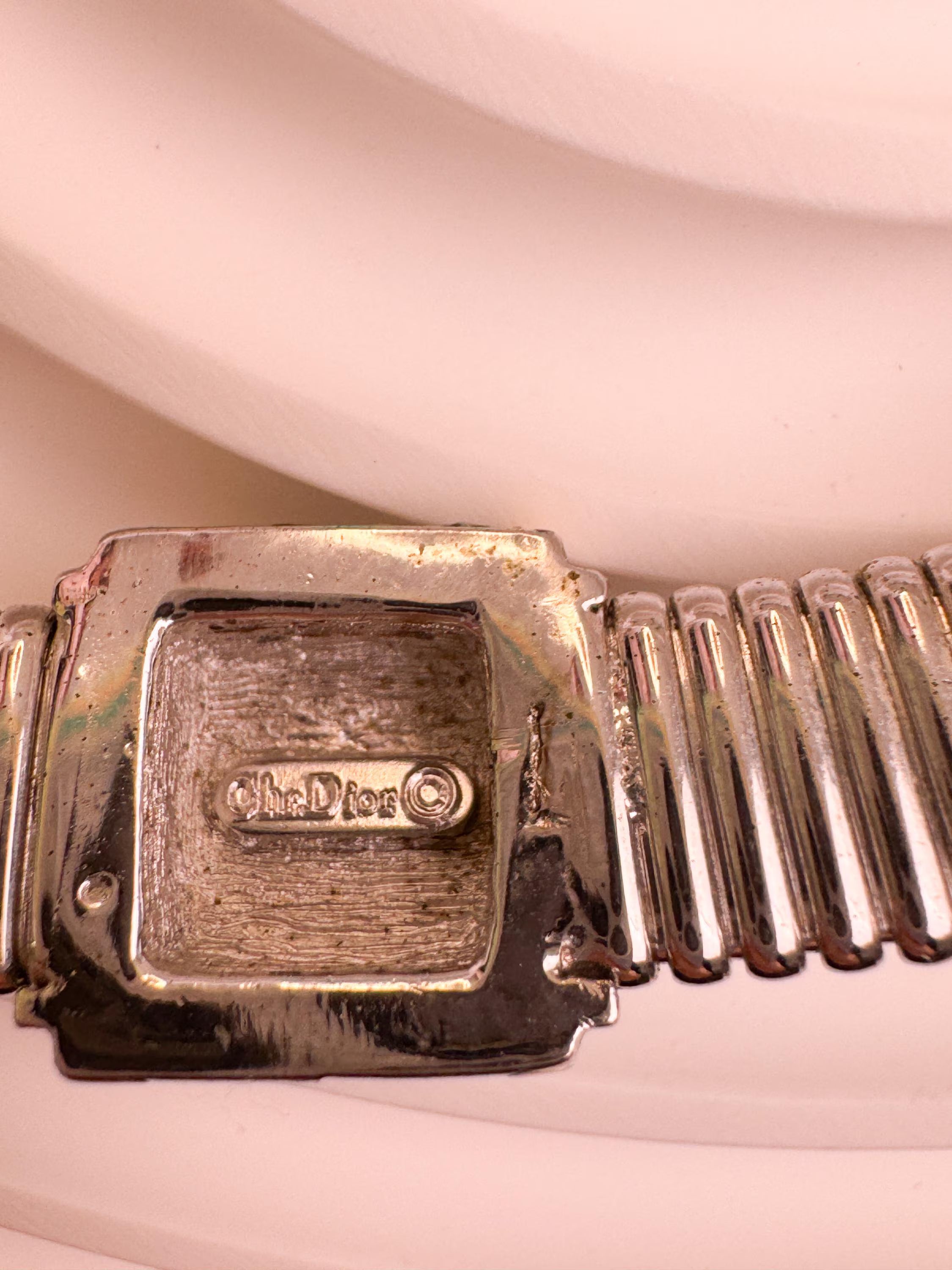 Vintage Christian Dior silver tone gaspipe design choker necklace with crystal charm