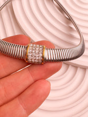 Vintage Christian Dior silver tone gaspipe design choker necklace with crystal charm