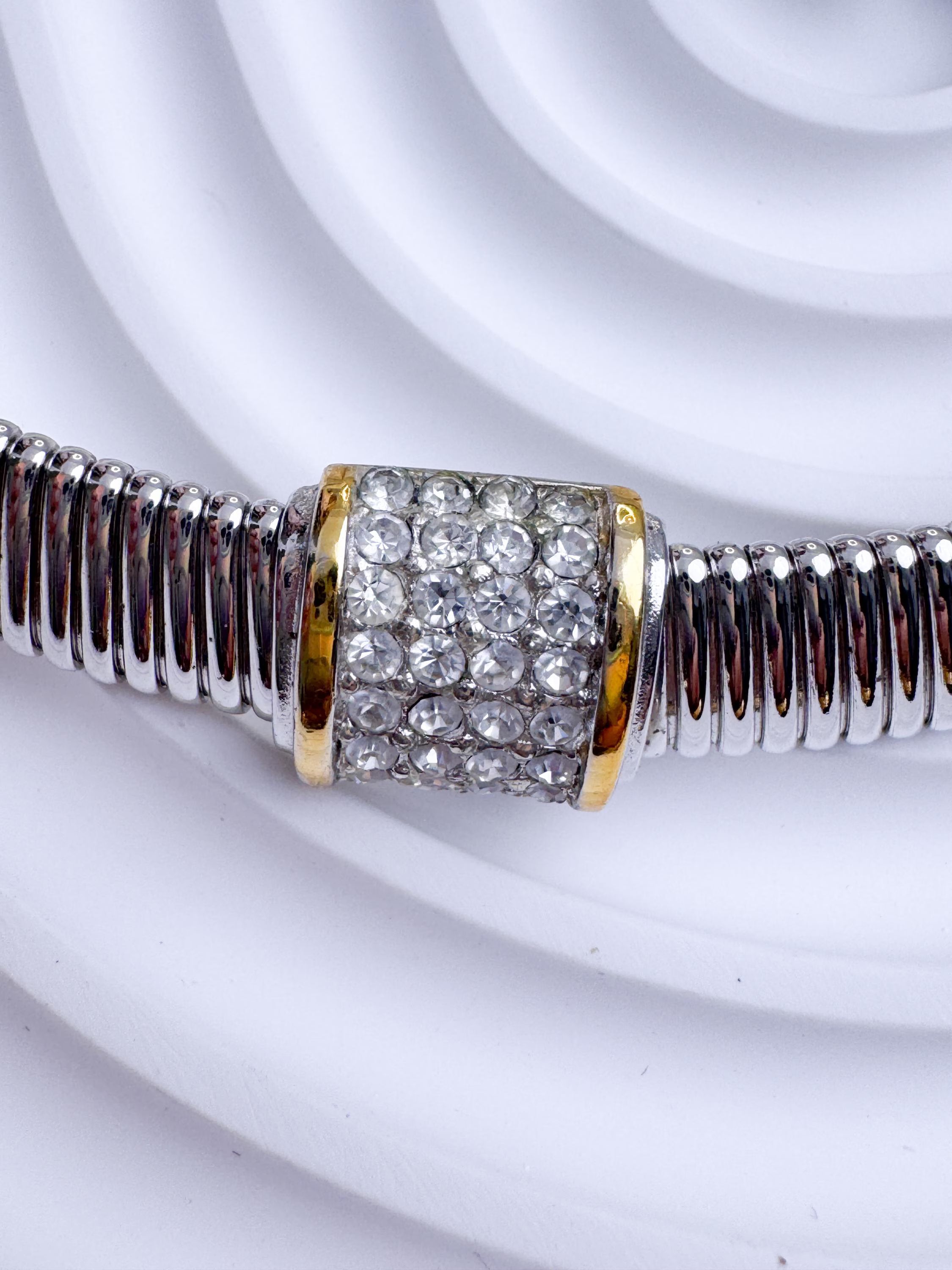 Vintage Christian Dior silver tone gaspipe design choker necklace with crystal charm
