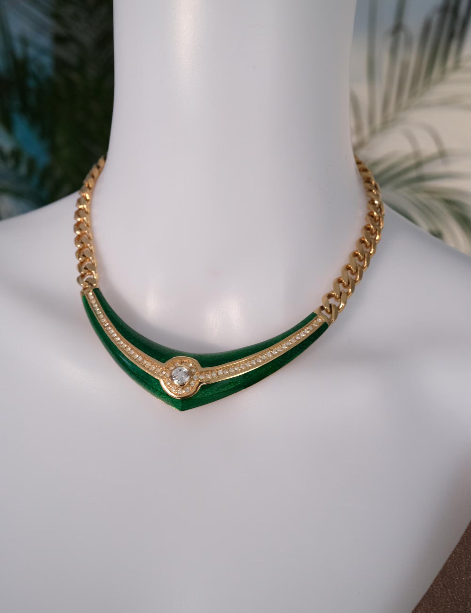 Vintage Christian Dior necklace, green enamel choker with crystal accent, couture jewelry
