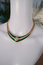 Vintage Christian Dior necklace, green enamel choker with crystal accent, couture jewelry
